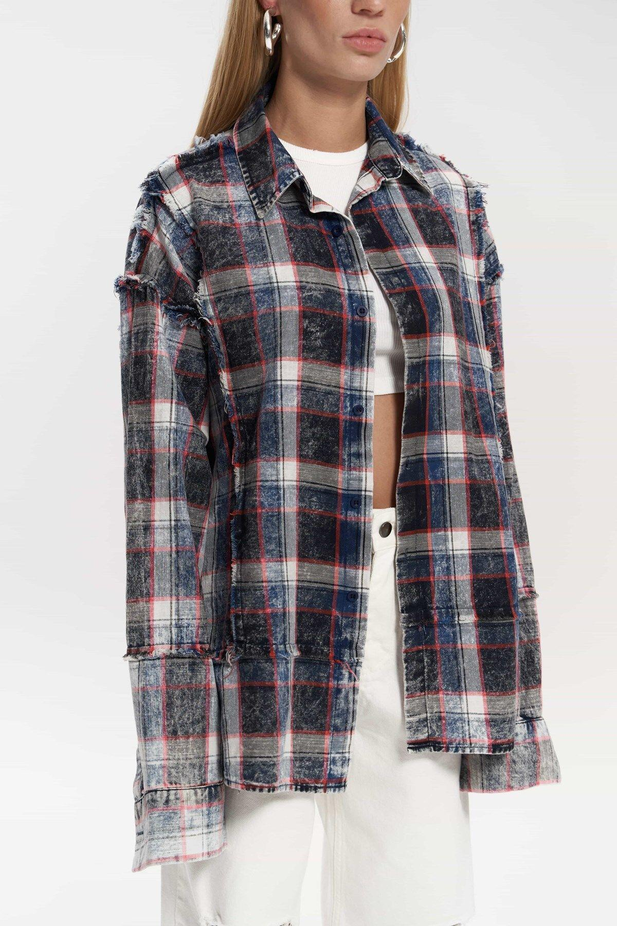 Loma Washed Oversized Unisex Indigo Check Shirt