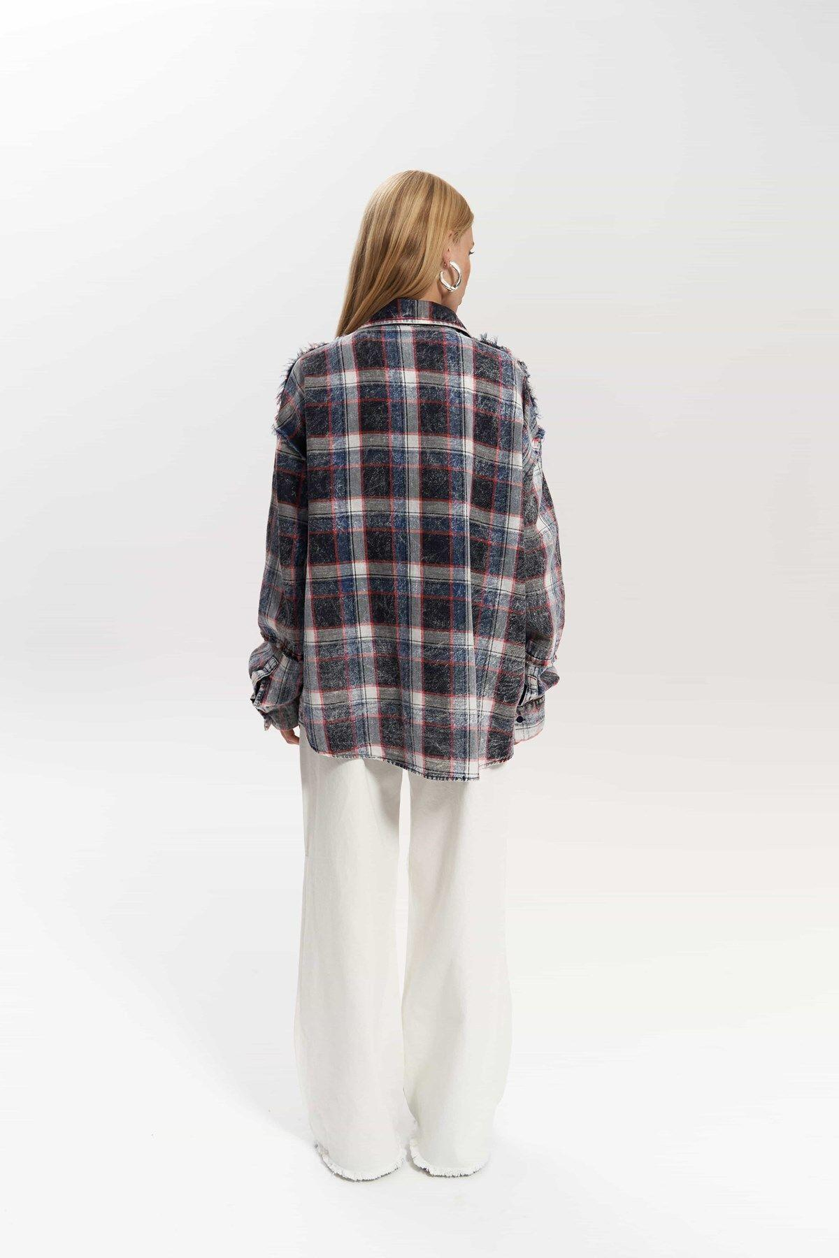 Loma Washed Oversized Unisex Indigo Check Shirt
