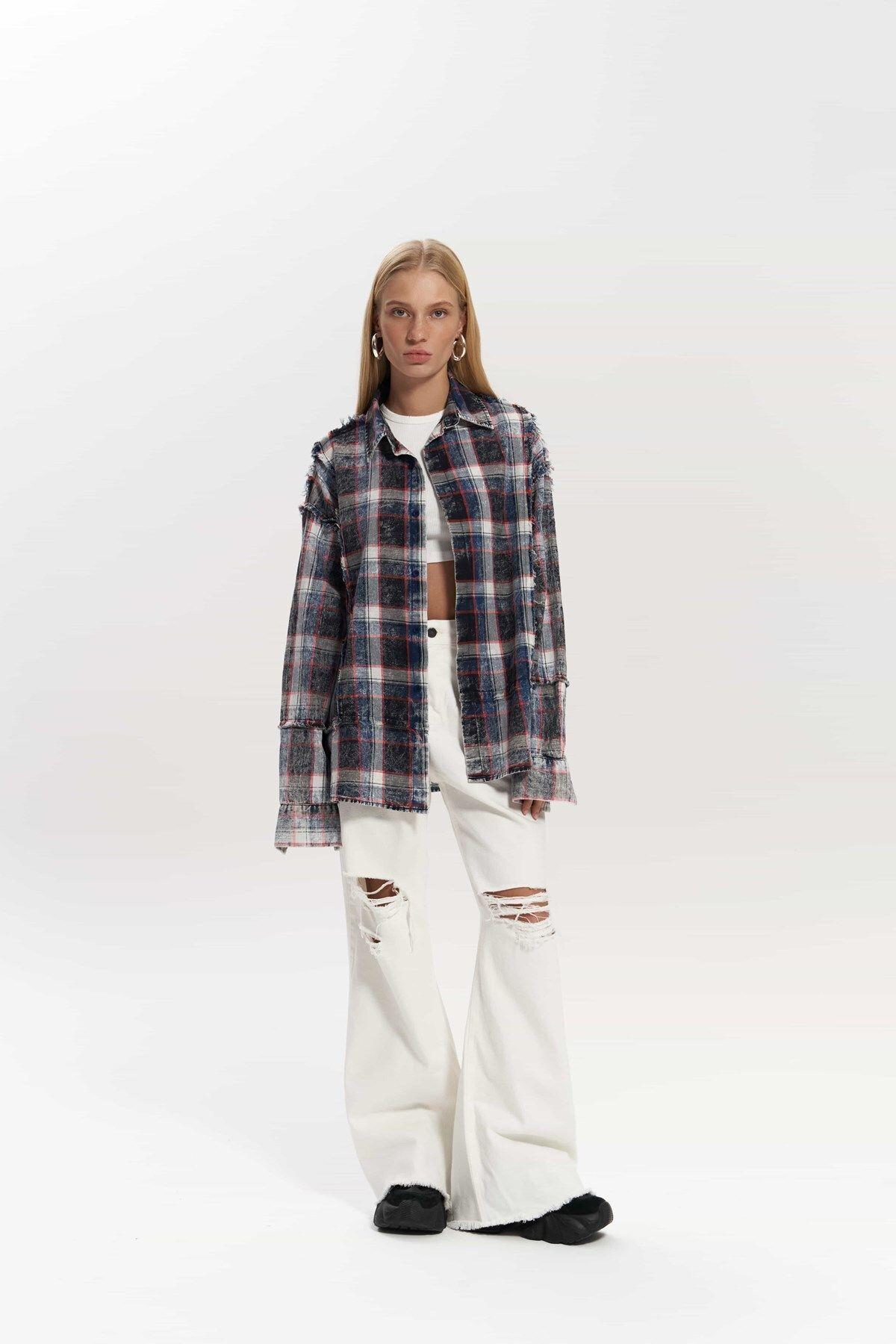 Loma Washed Oversized Unisex Indigo Check Shirt