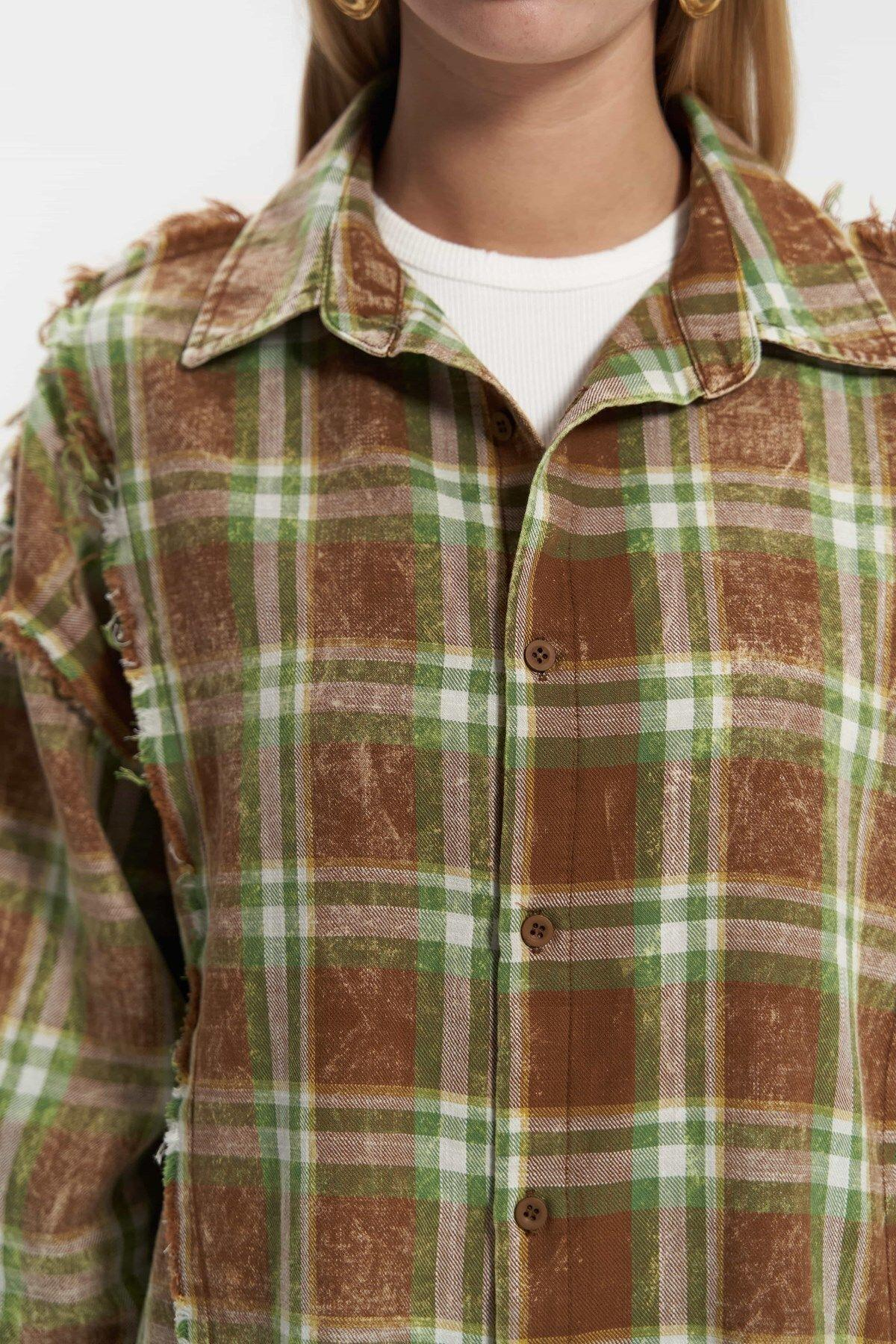 Loma Yıkamalı Oversize Unisex Ekose Kahve Gömlek