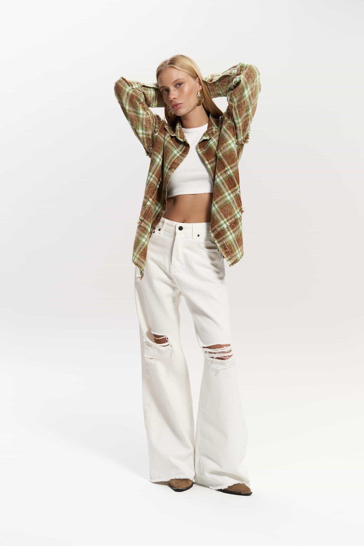 Loma Yıkamalı Oversize Unisex Ekose Kahve Gömlek