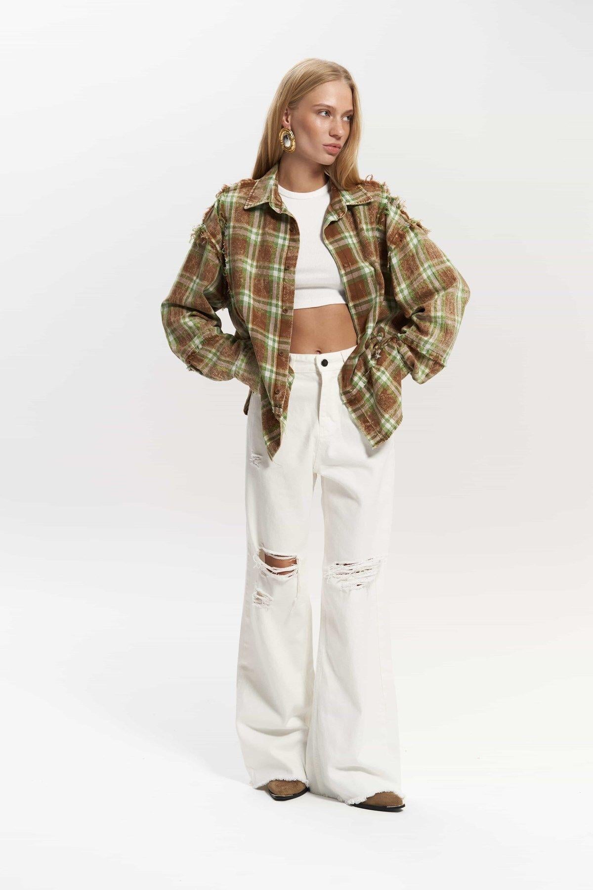 Loma Yıkamalı Oversize Unisex Ekose Kahve Gömlek