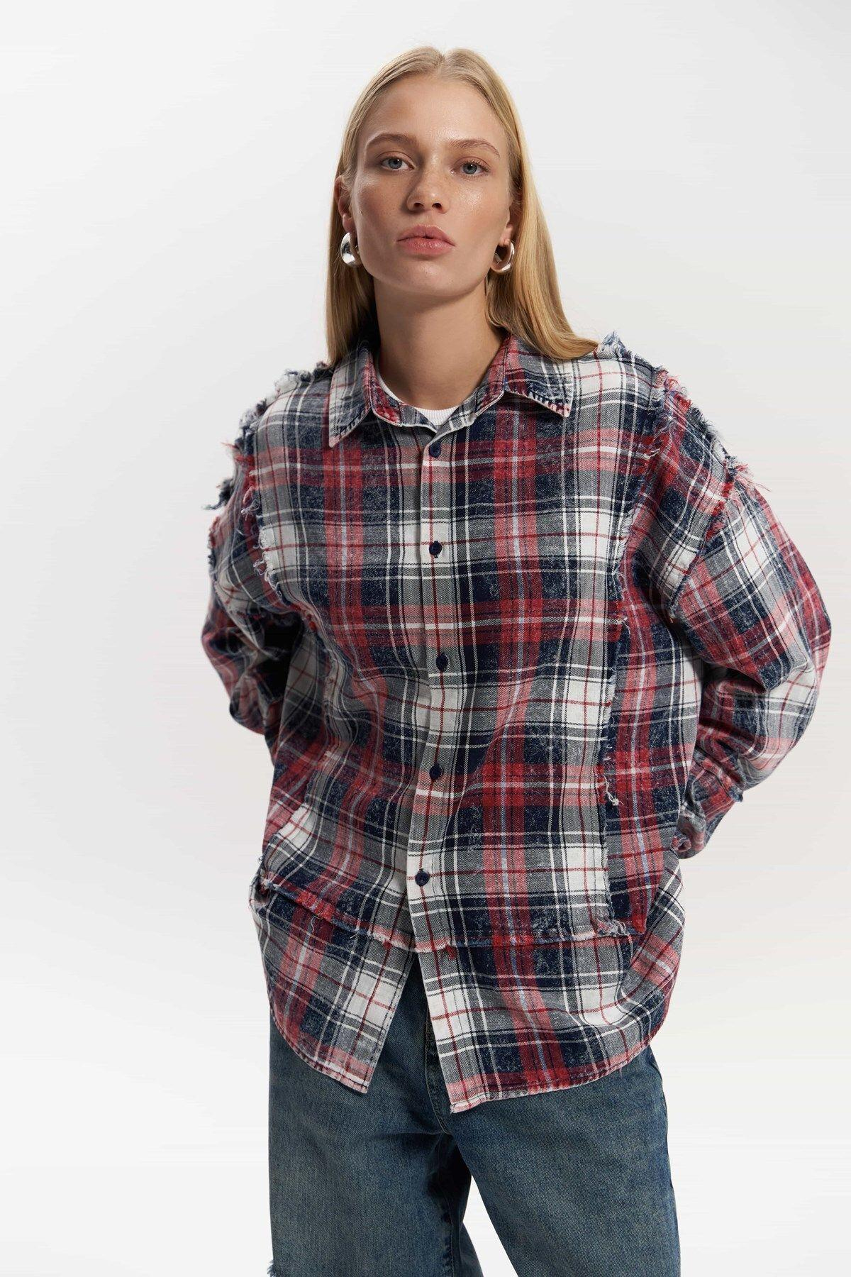 Loma Washed Oversized Unisex Red Check Shirt