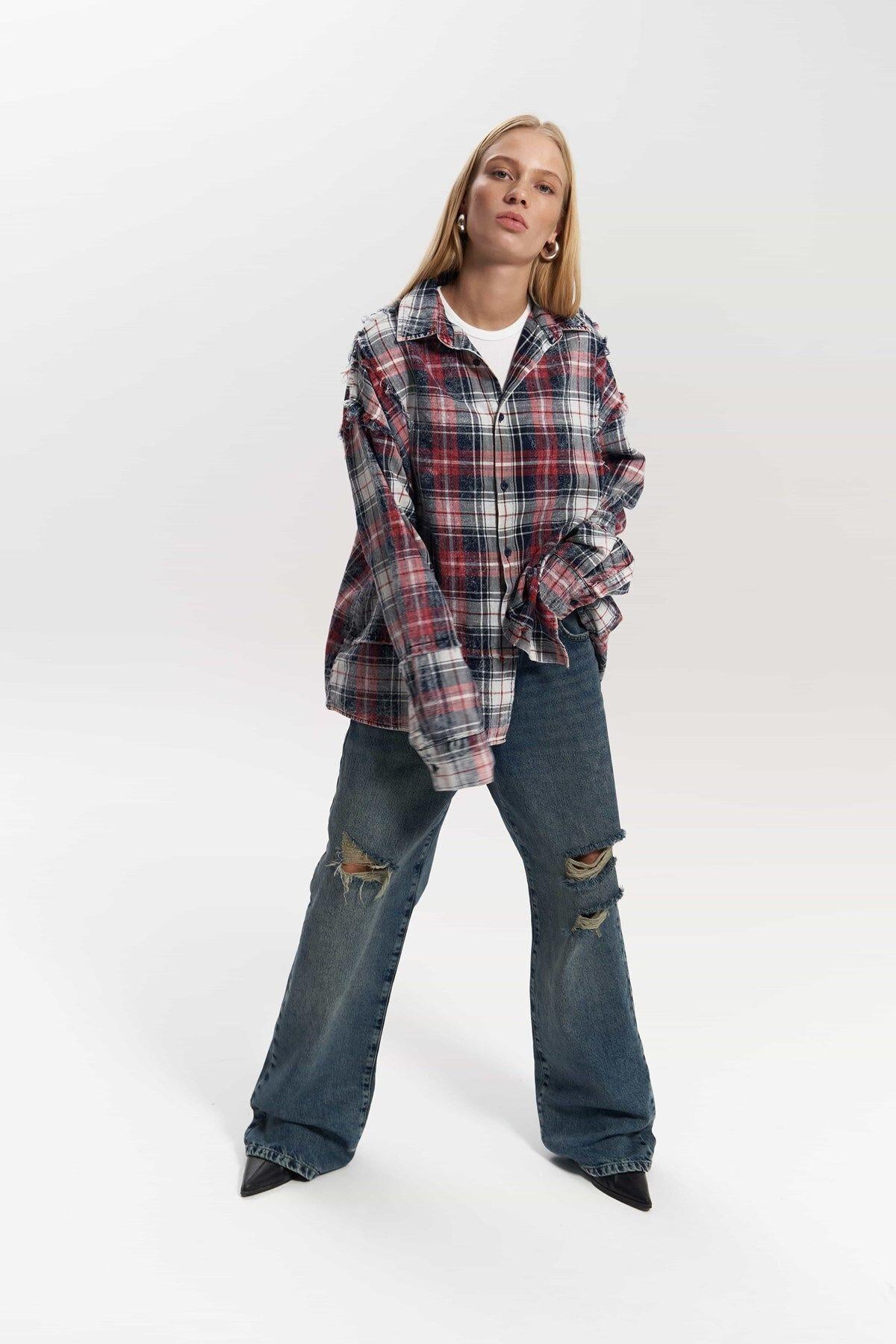 Loma Washed Oversized Unisex Red Check Shirt