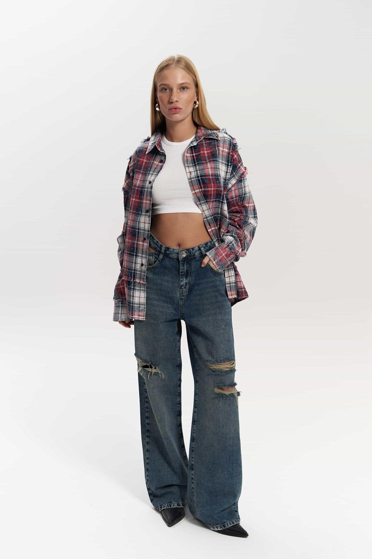 Loma Washed Oversized Unisex Red Check Shirt
