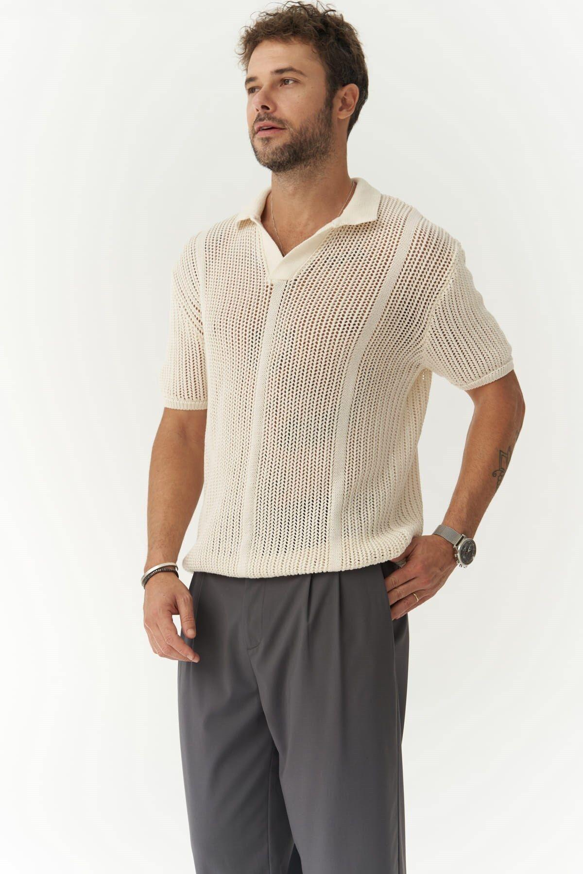 Looke Erkek Çizgi Detay Ekru Triko T-shirt