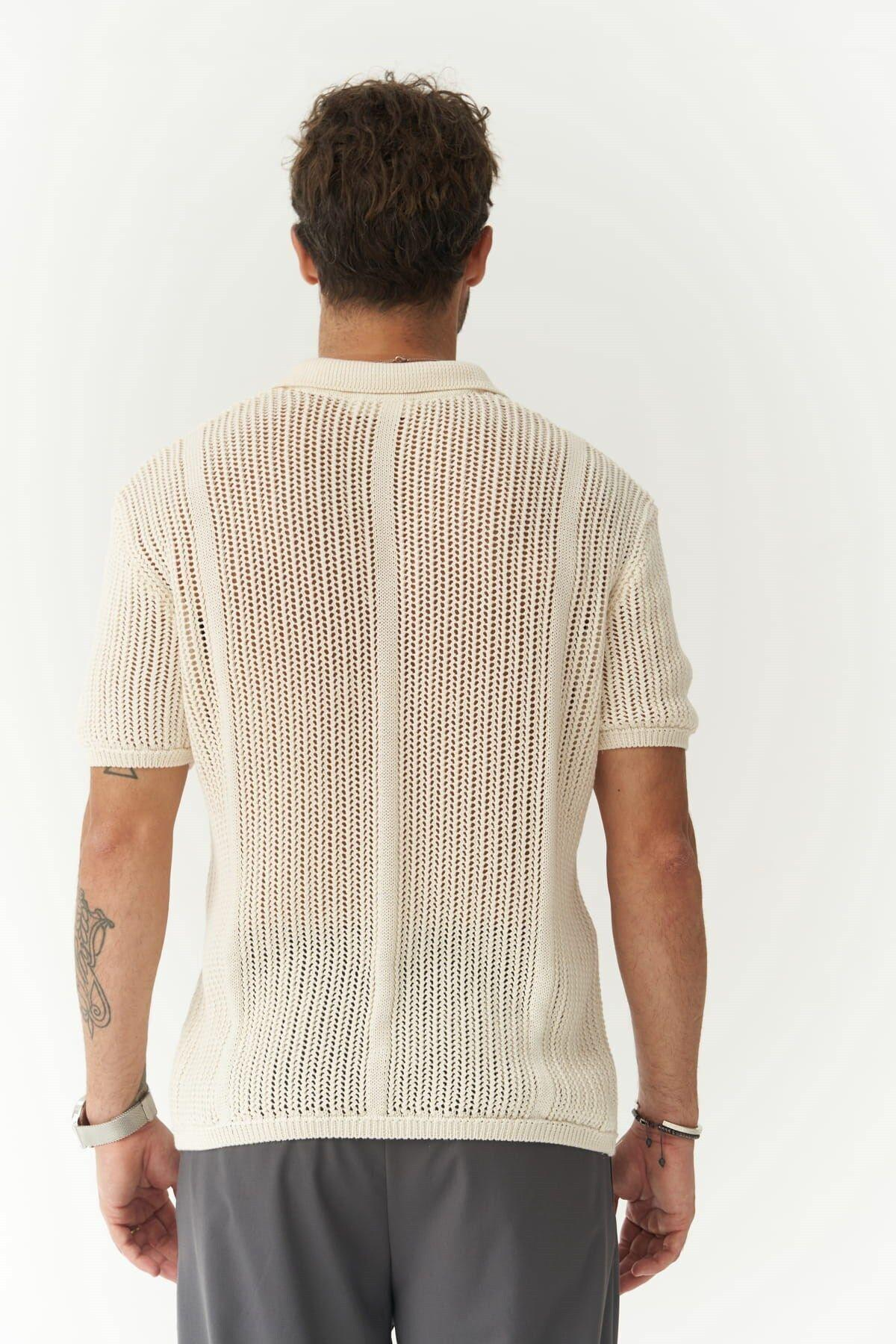 Looke Erkek Çizgi Detay Ekru Triko T-shirt