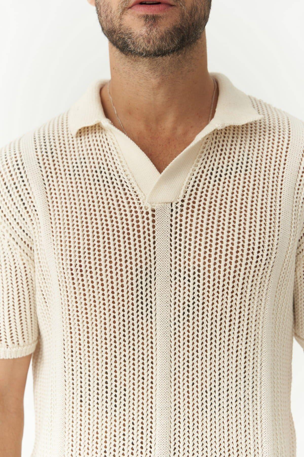 Looke Erkek Çizgi Detay Ekru Triko T-shirt