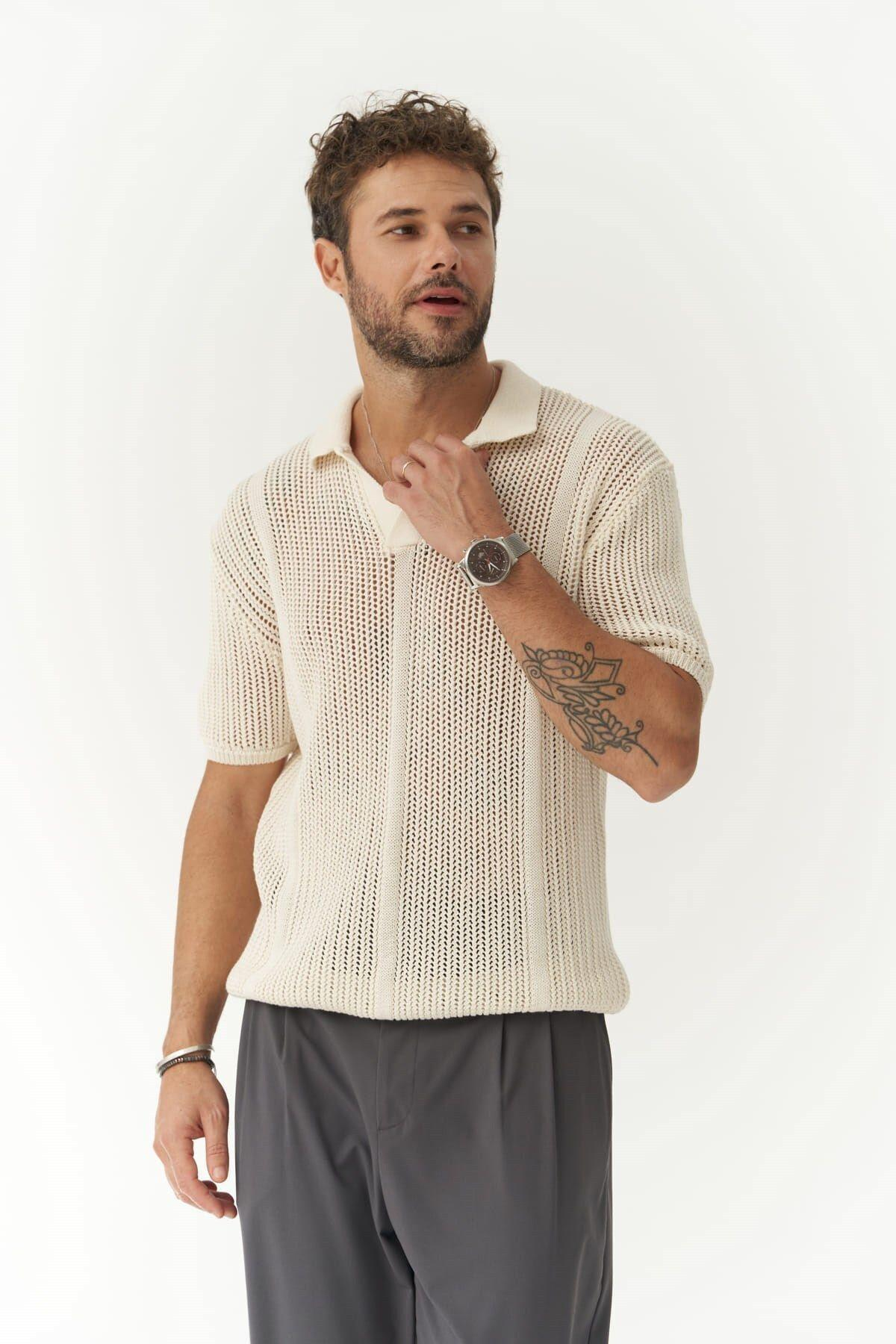 Looke Erkek Çizgi Detay Ekru Triko T-shirt