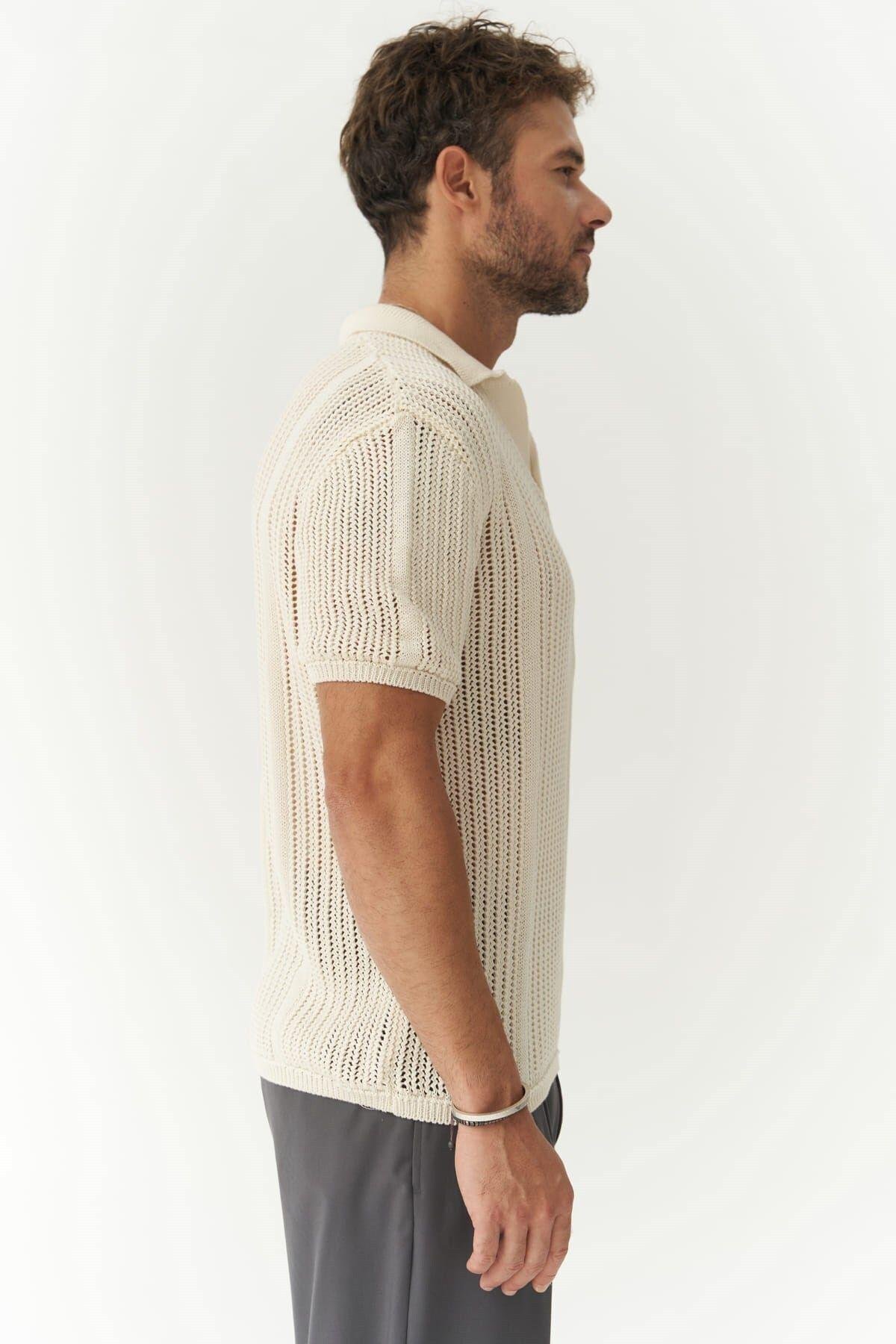 Looke Erkek Çizgi Detay Ekru Triko T-shirt