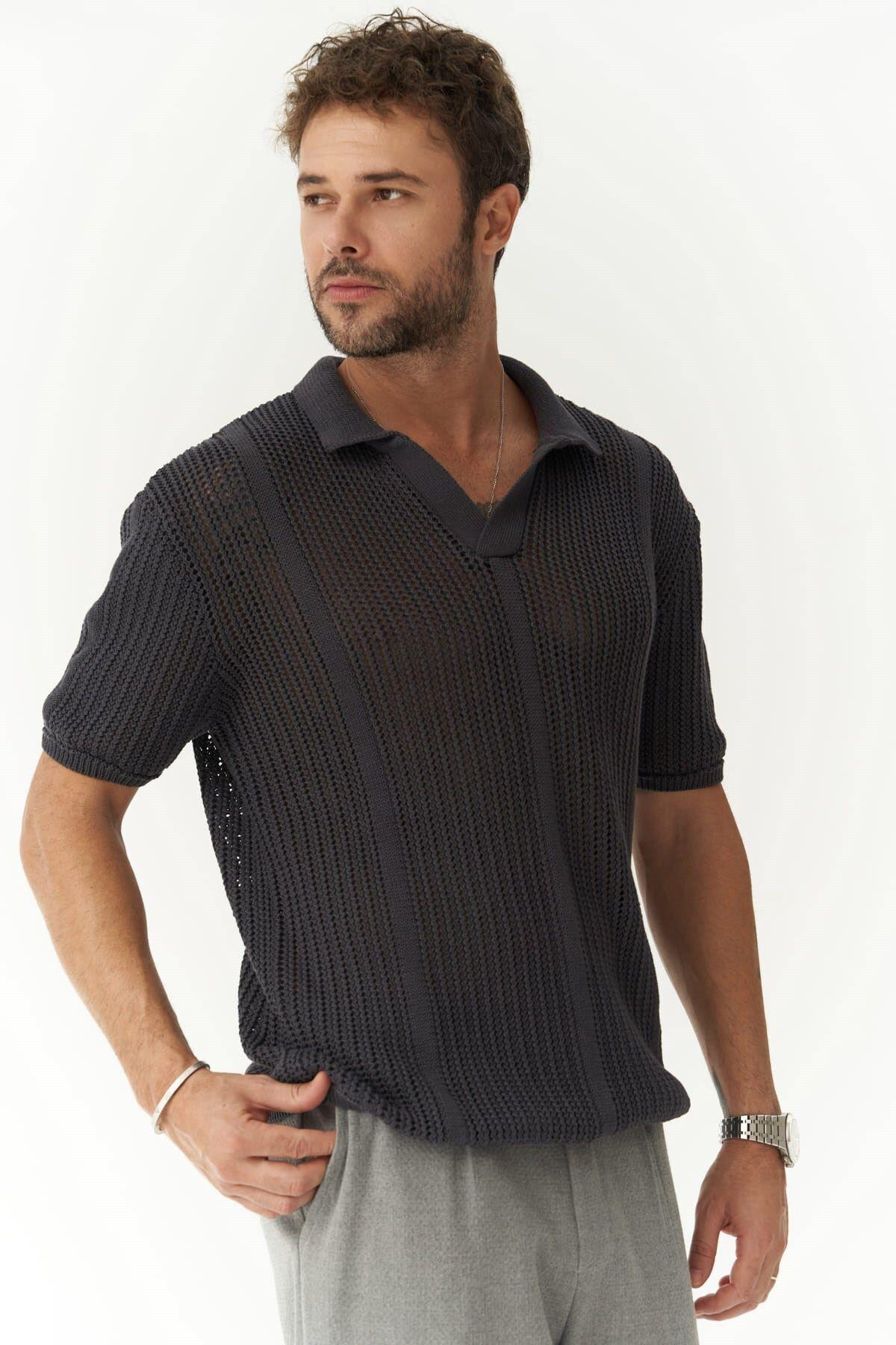 Looke Erkek Çizgi Detay Füme Triko T-shirt