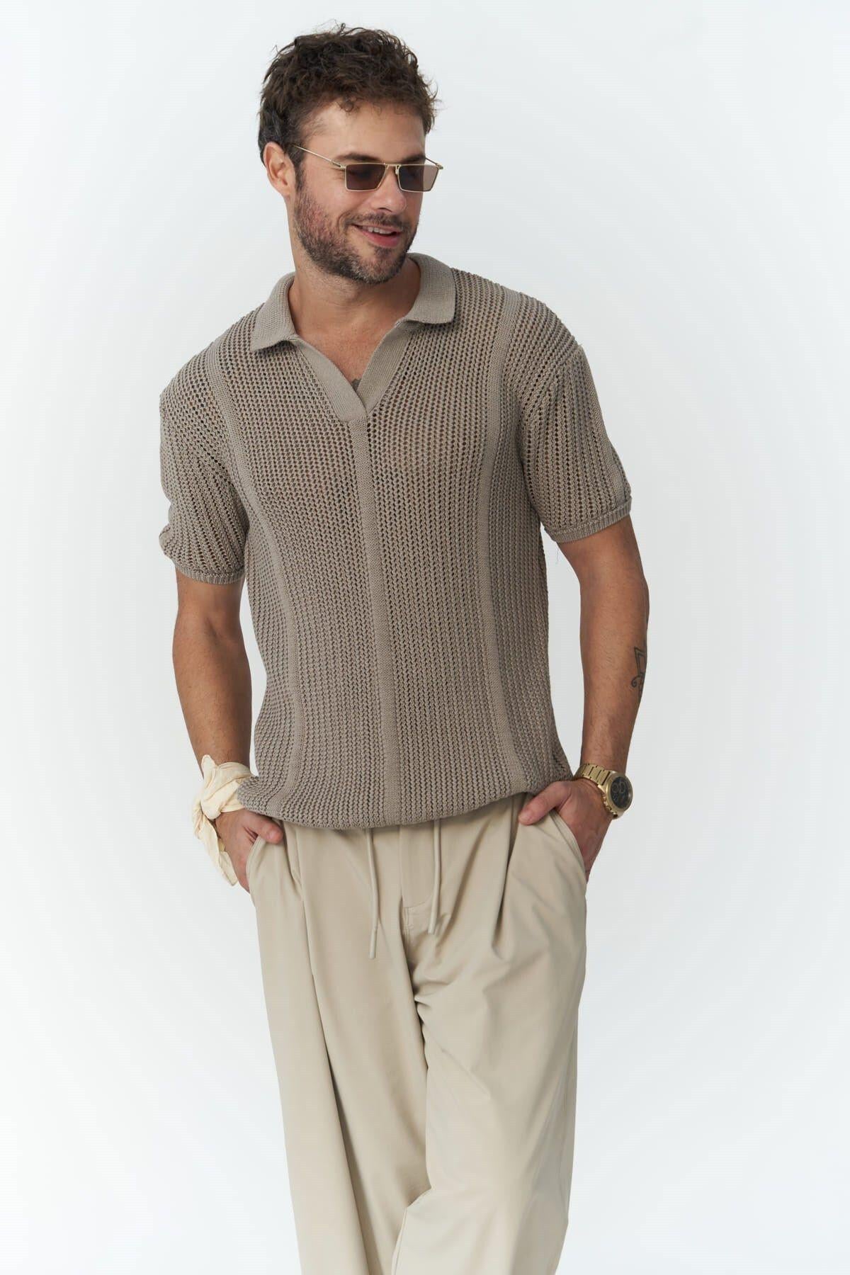 Looke Men's Dark Beige Knit T-Shirt 