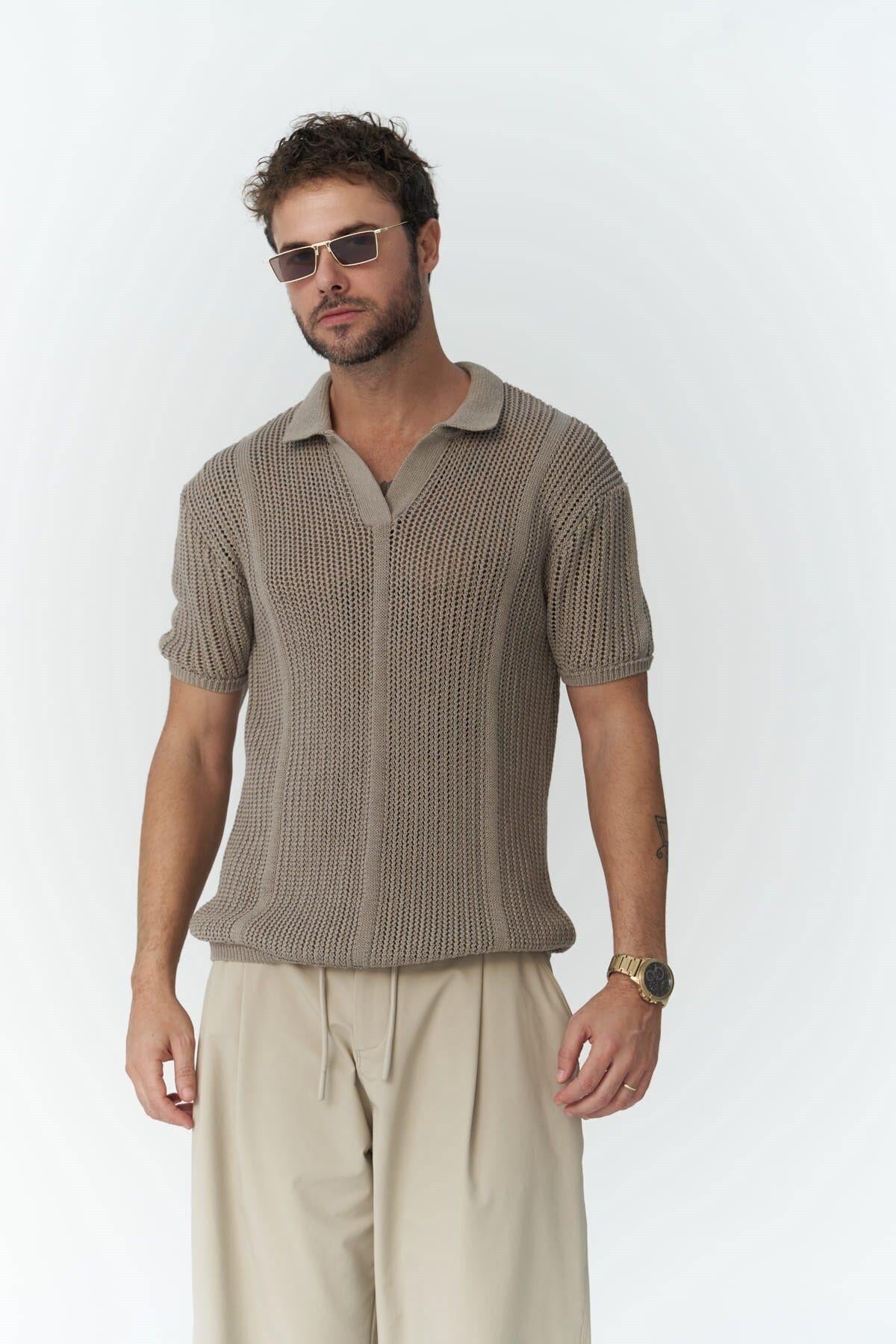 Looke Men's Dark Beige Knit T-Shirt 