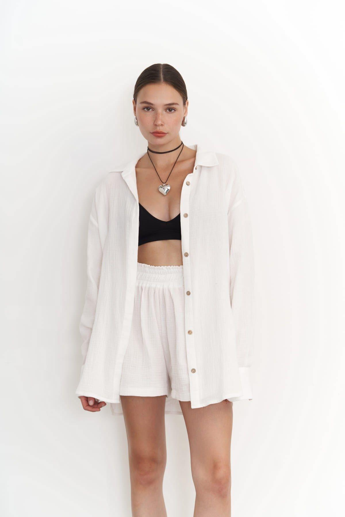 Lorissa Ecru Muslin Shirt & Shorts Set