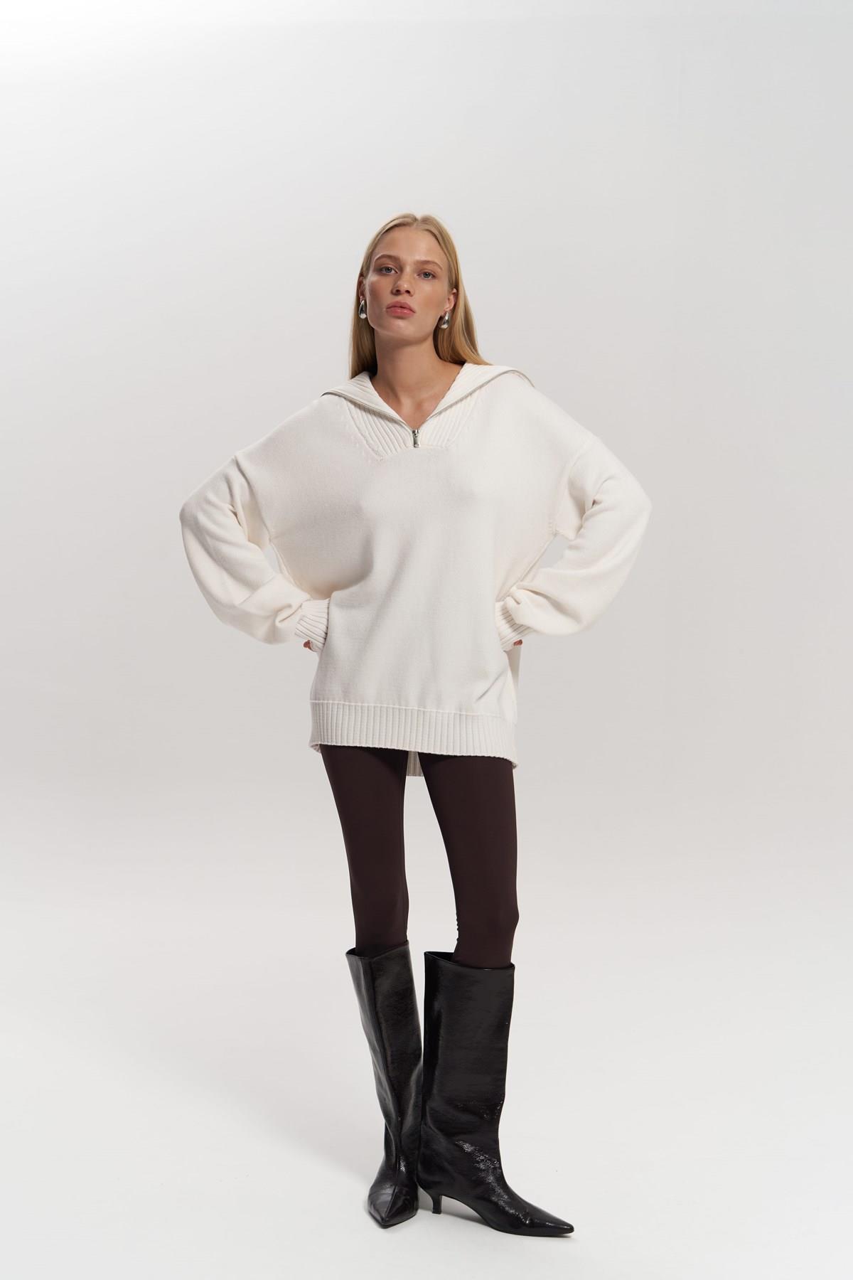 Lorna Fermuarlı Ekru Triko Kazak