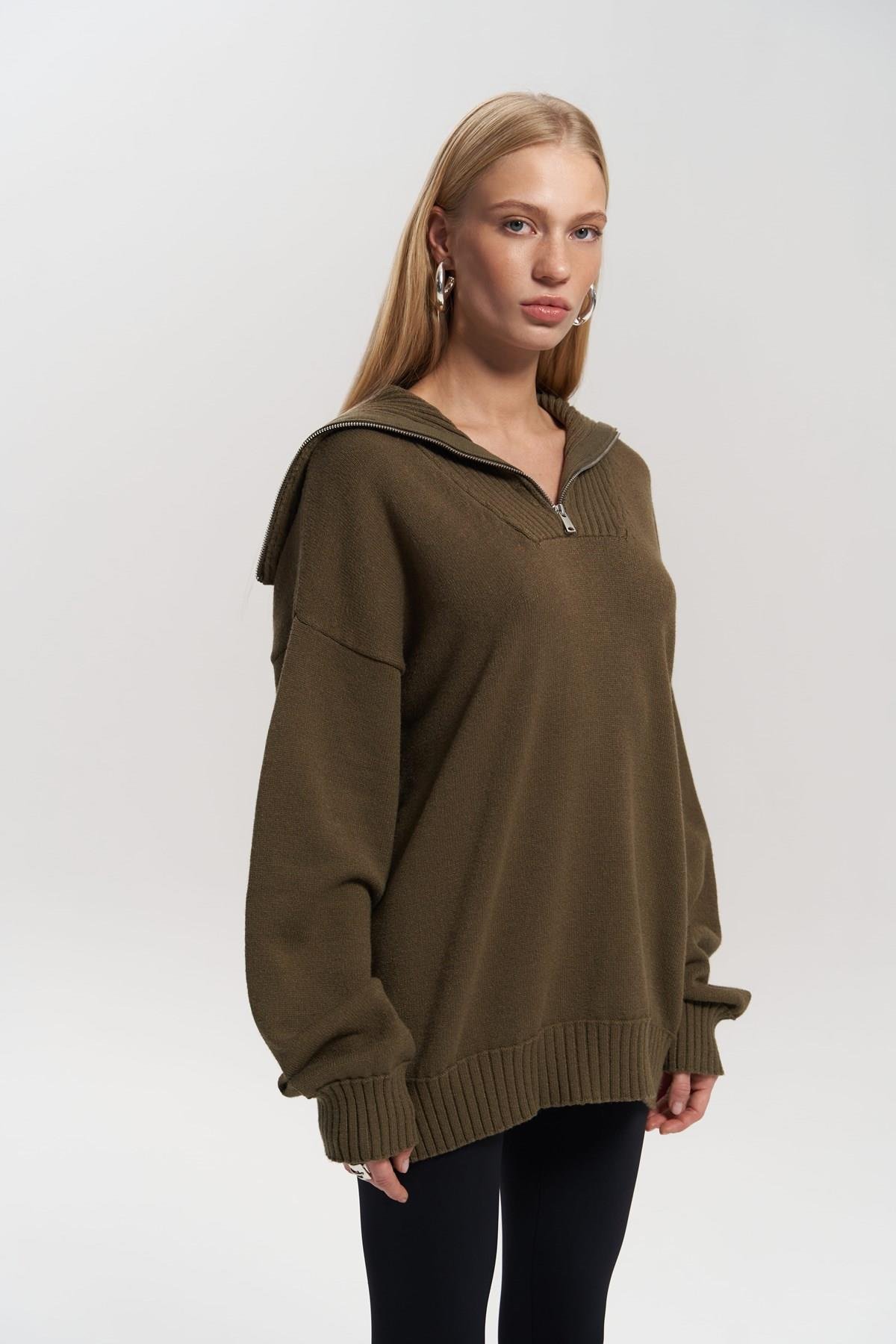 Lorna Fermuarlı Haki Triko Kazak