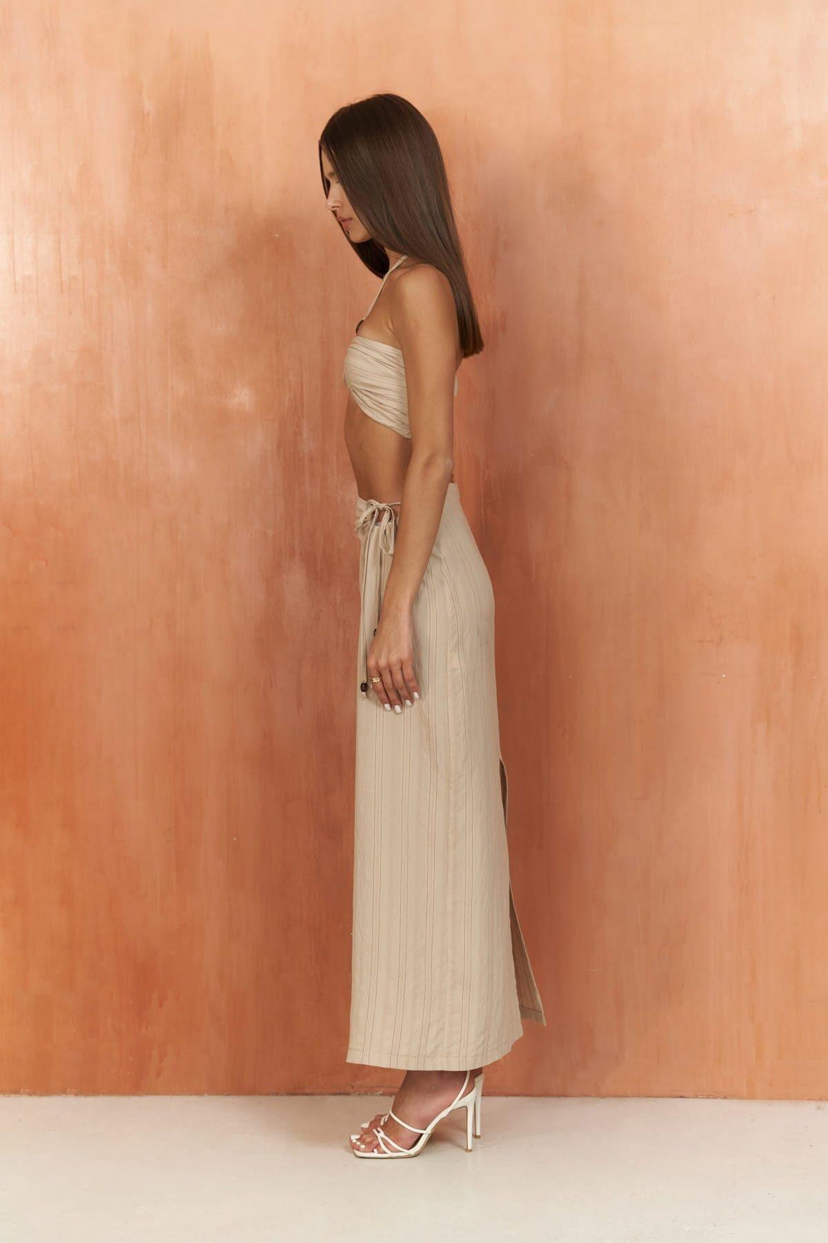 Lovina Çizgili Bej Crop Etek Takım