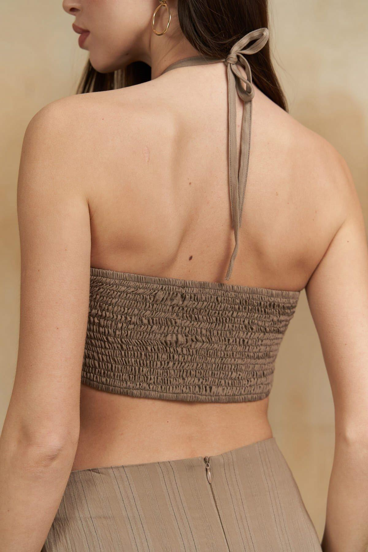 Lovina Çizgili Vizon Crop Etek Takım