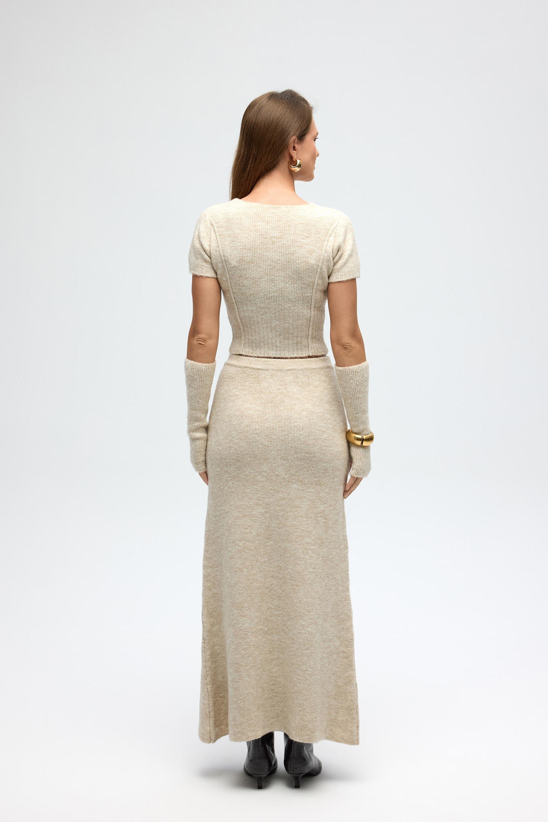 Lumi Gül Detay Bej Crop Etek Triko Takım