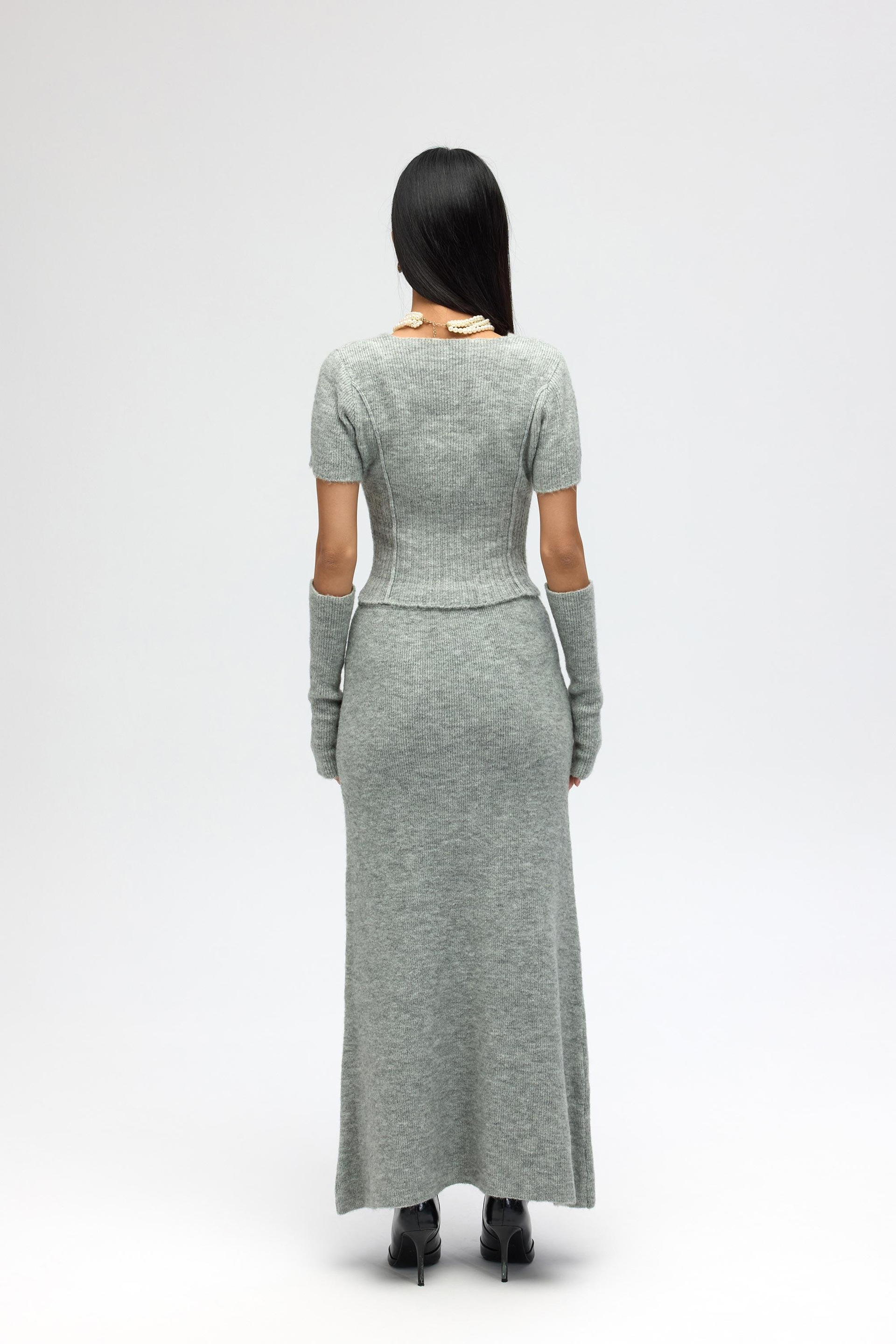 Lumi Gül Detay Gri Crop Etek Triko Takım