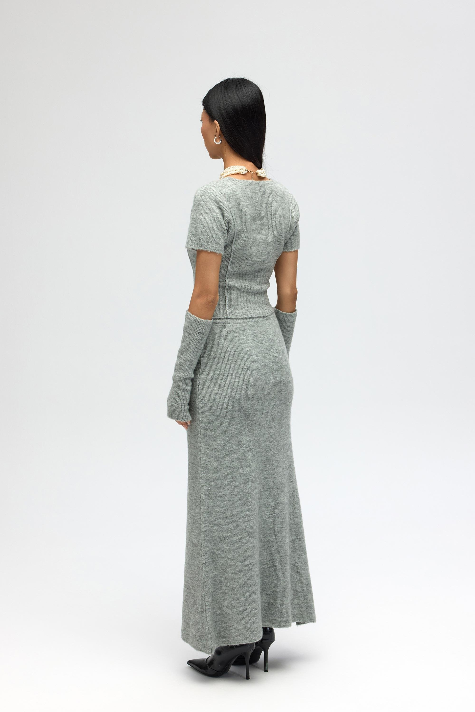 Lumi Gül Detay Gri Crop Etek Triko Takım