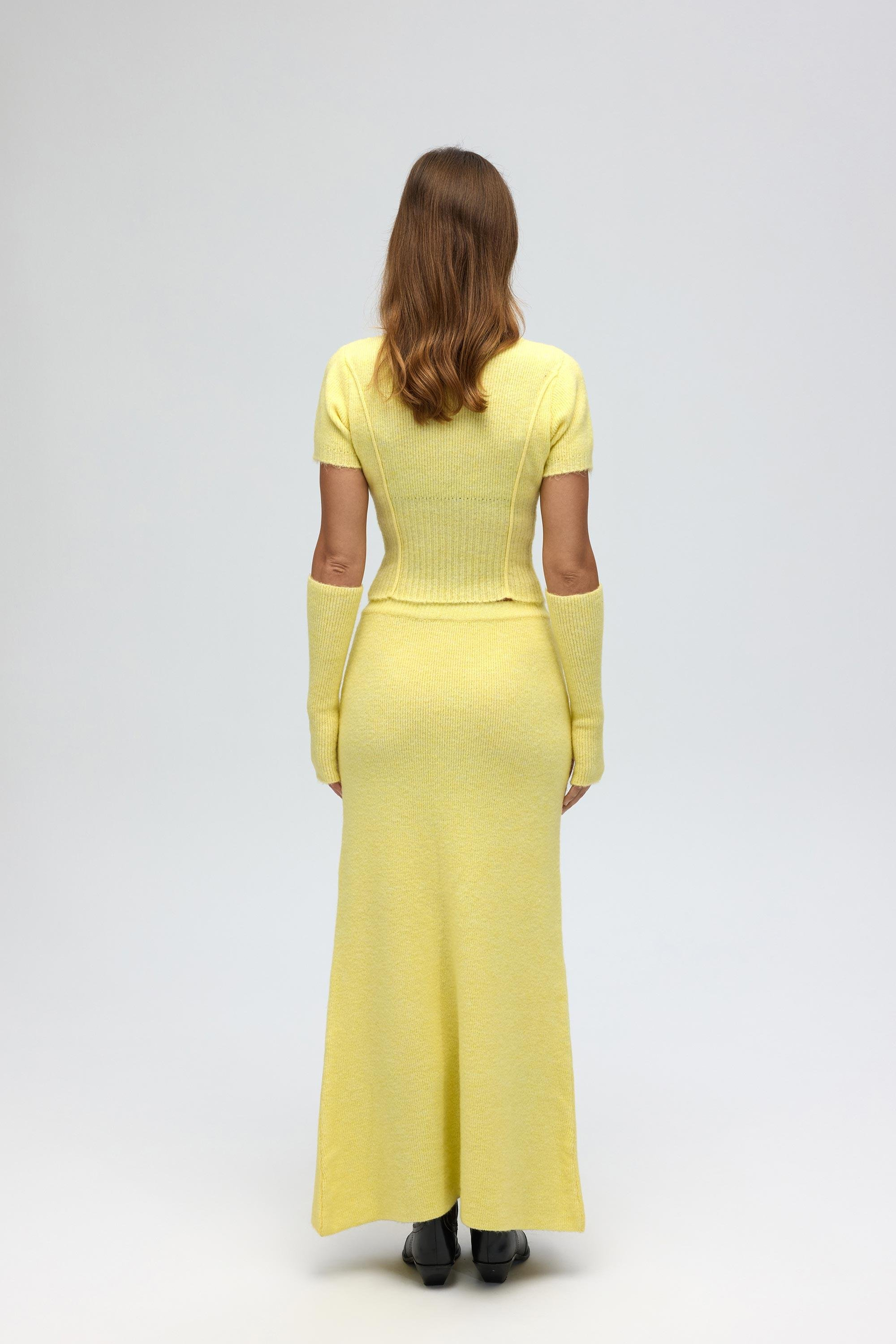 Lumi Gül Detay Sarı Crop Etek Triko Takım