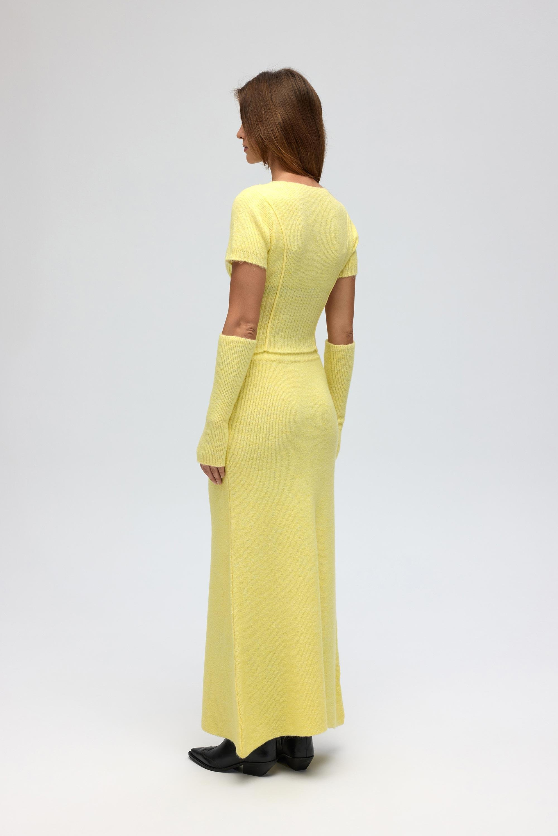 Lumi Gül Detay Sarı Crop Etek Triko Takım