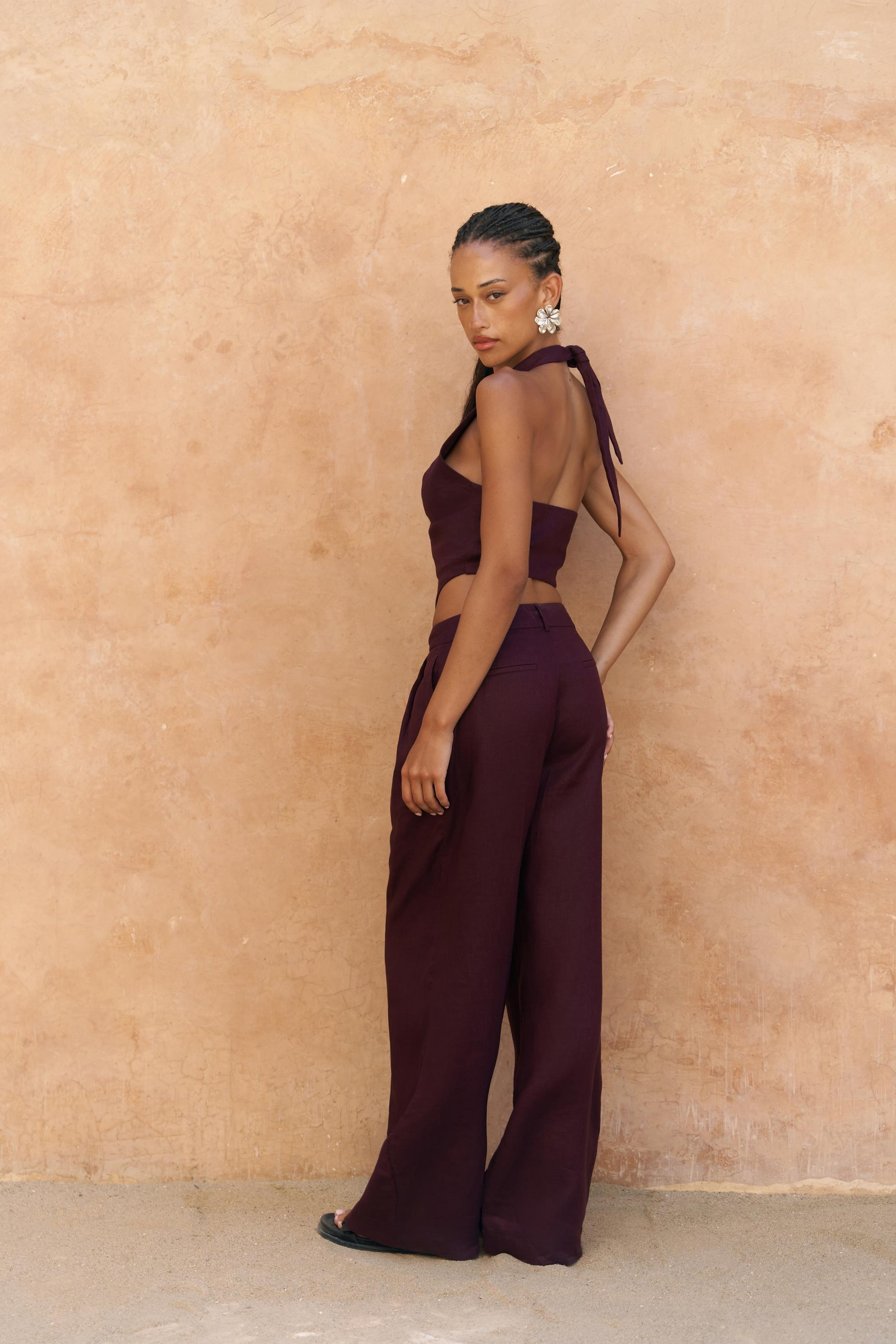 Lvdovila Bordo Keten Crop Yelek Pantolon Takım