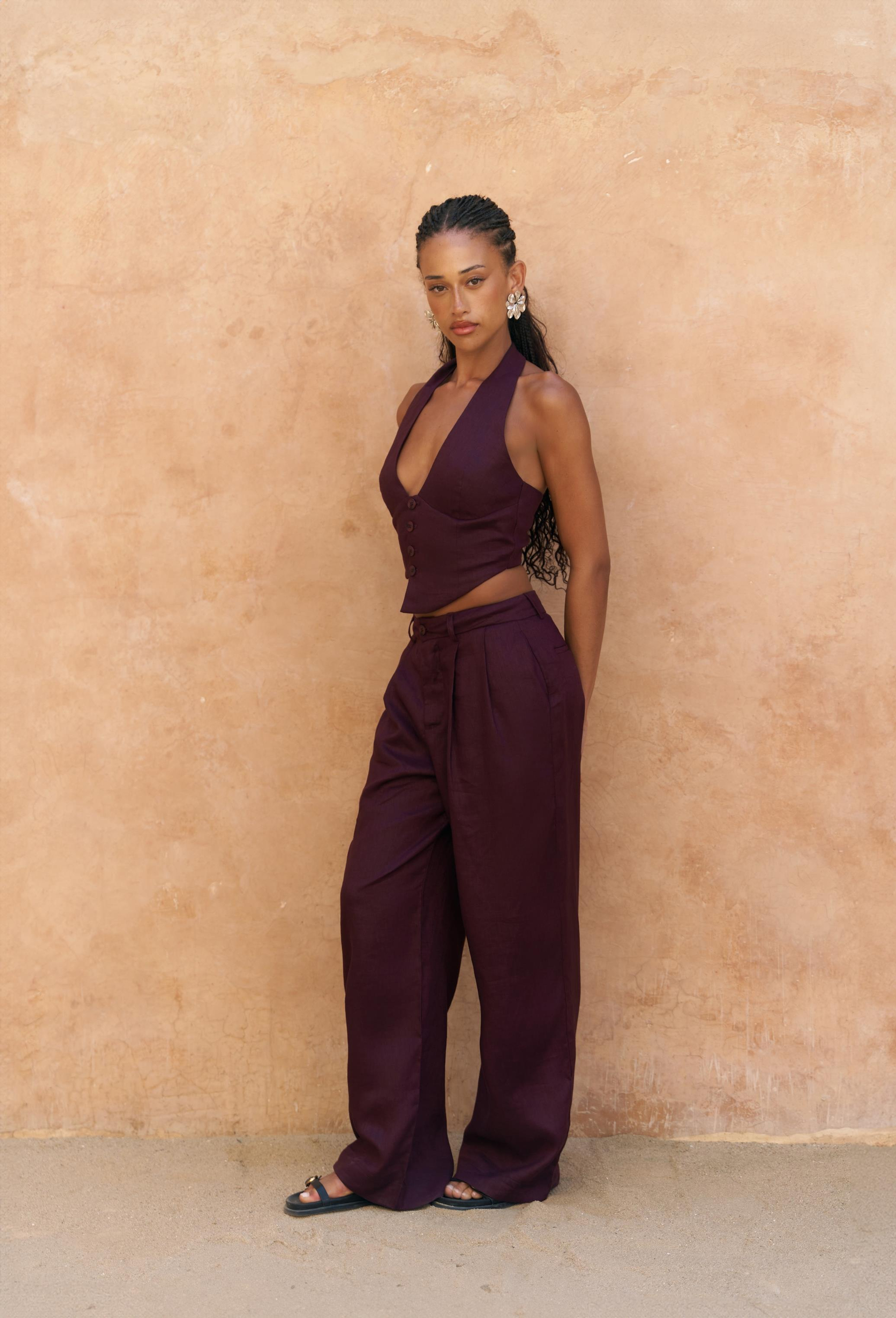 Lvdovila Bordo Keten Crop Yelek Pantolon Takım