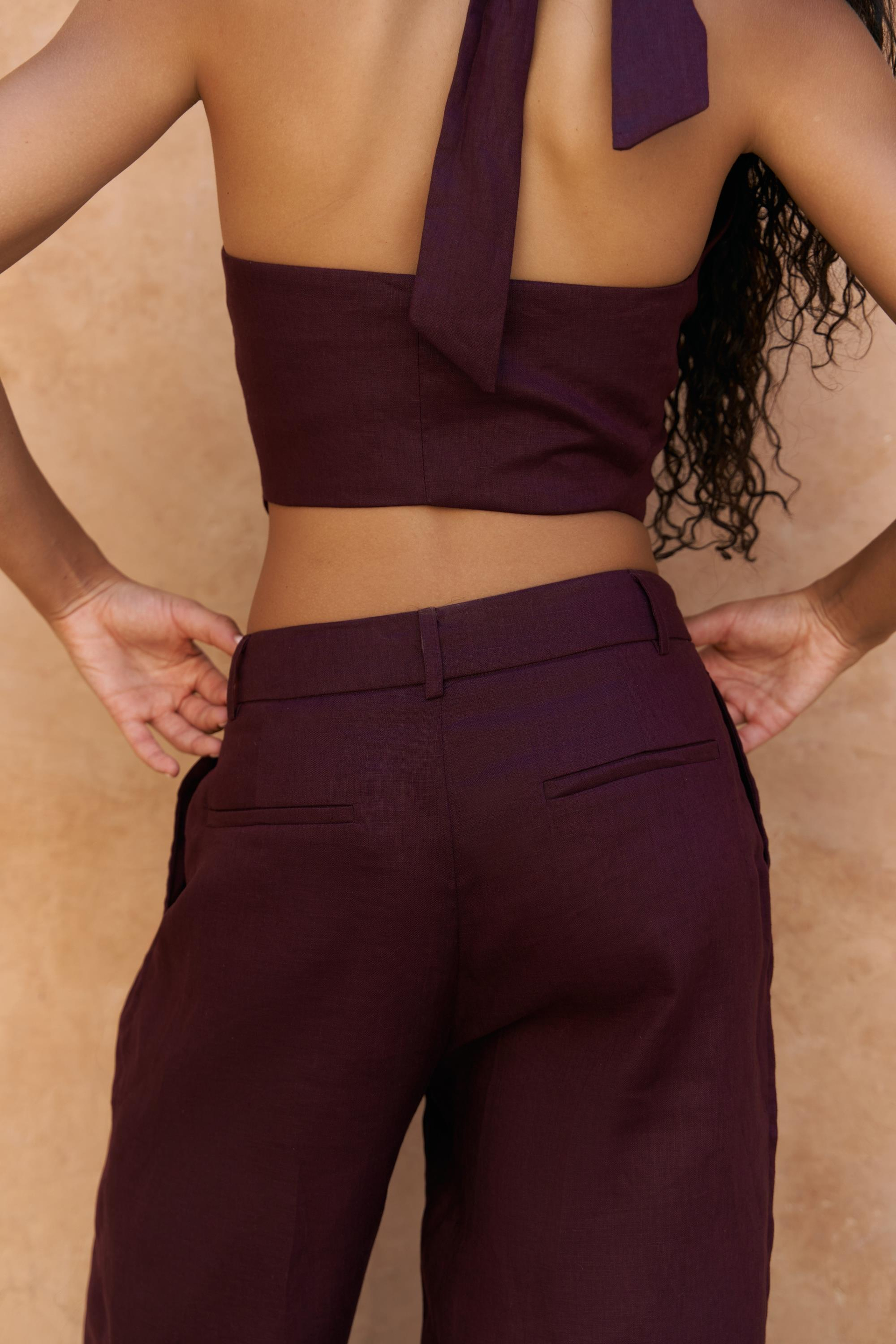 Lvdovila Bordo Keten Crop Yelek Pantolon Takım