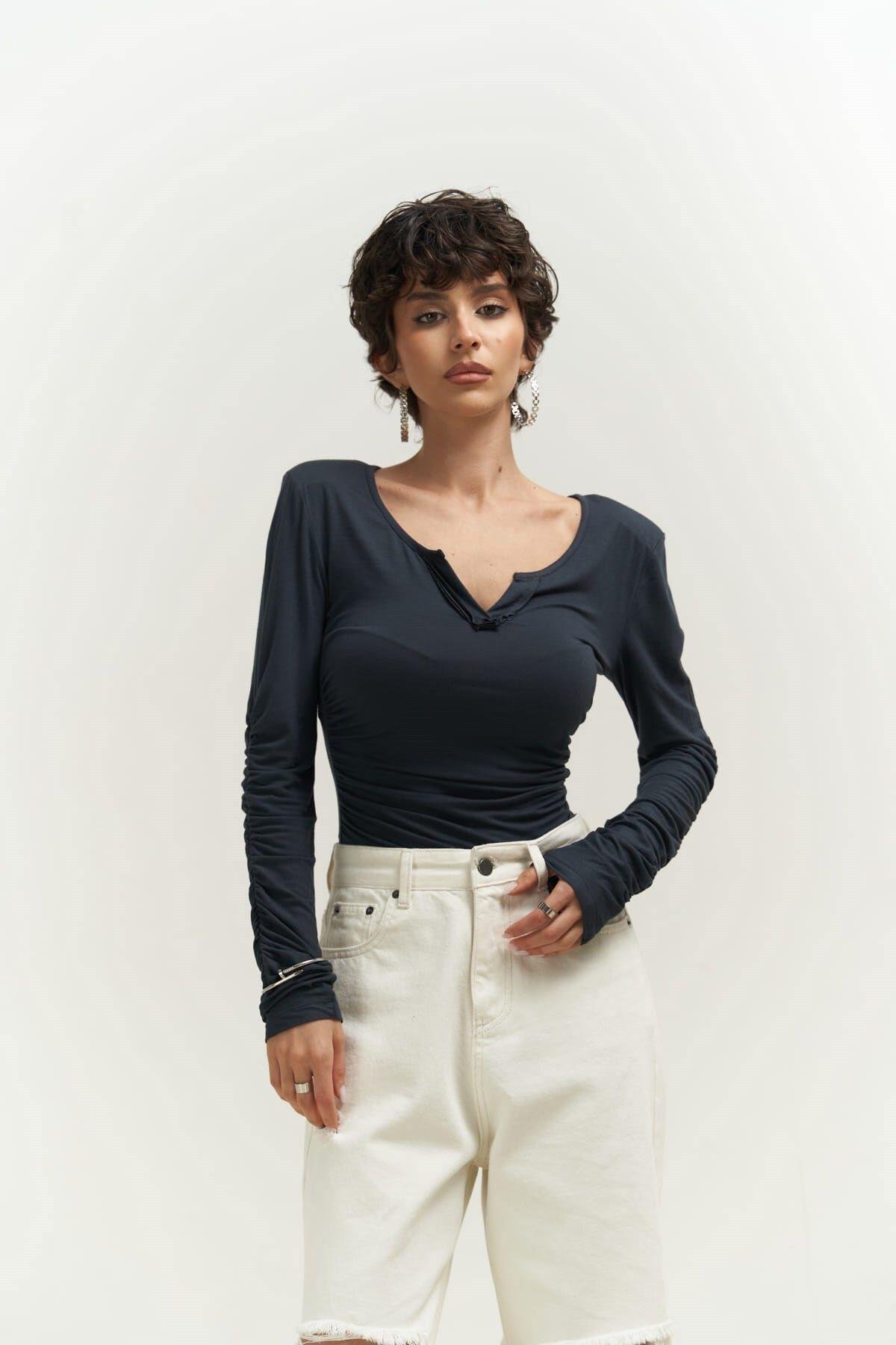 Magenta Padded Long Sleeve Anthracite Blouse