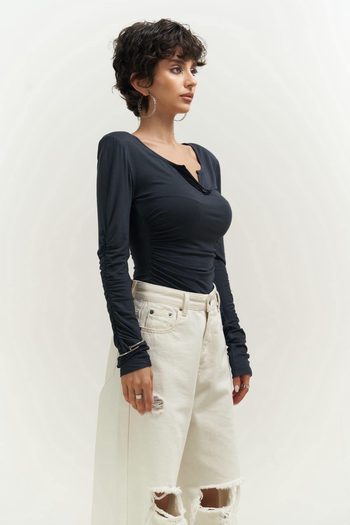 Magenta Padded Long Sleeve Anthracite Blouse