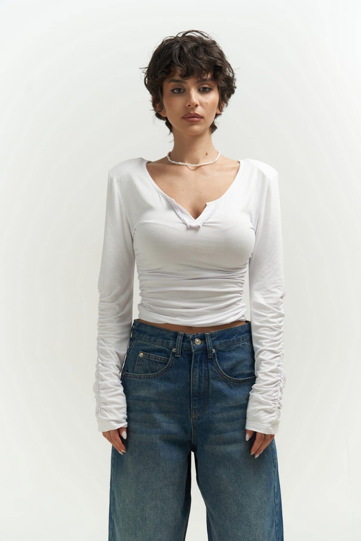 Magenta Padded Long Sleeve White Blouse