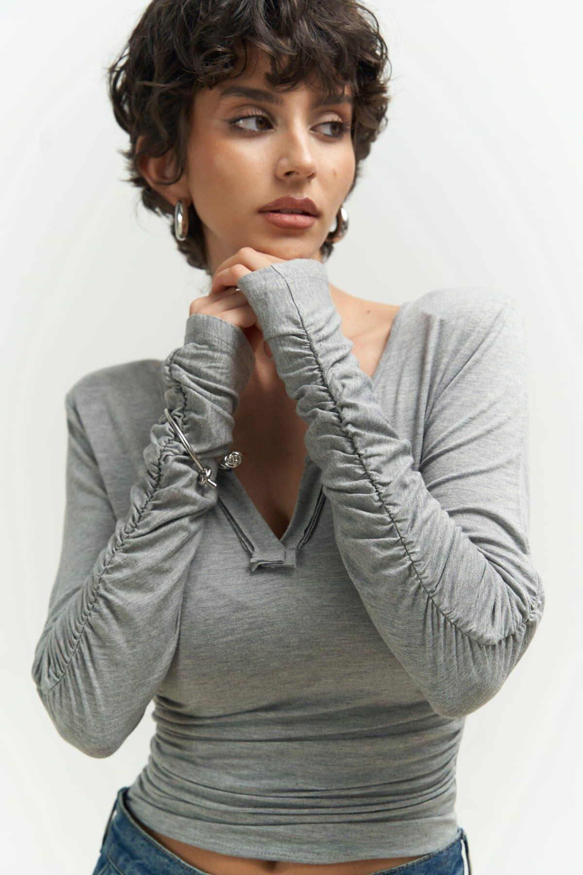 Magenta Padded Long Sleeve Gray Blouse