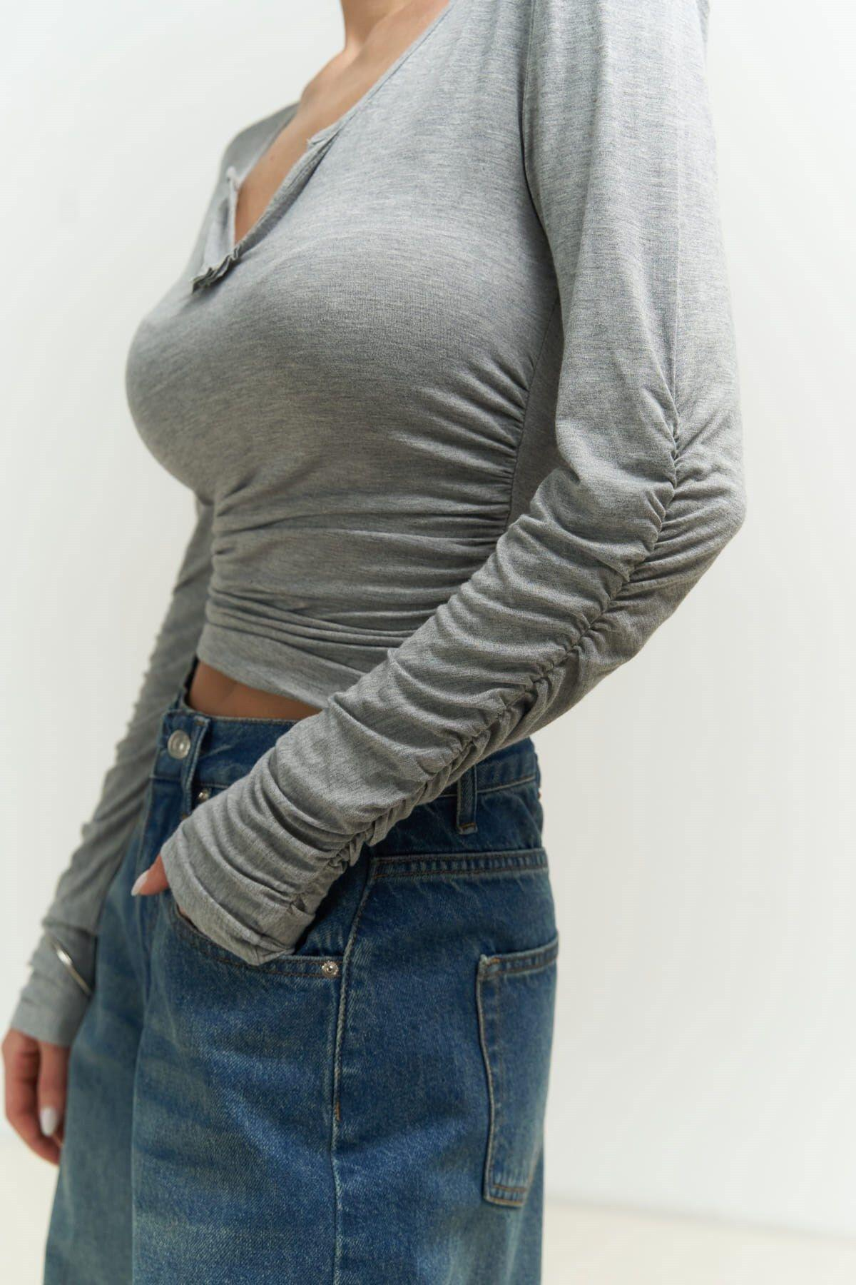 Magenta Padded Long Sleeve Gray Blouse