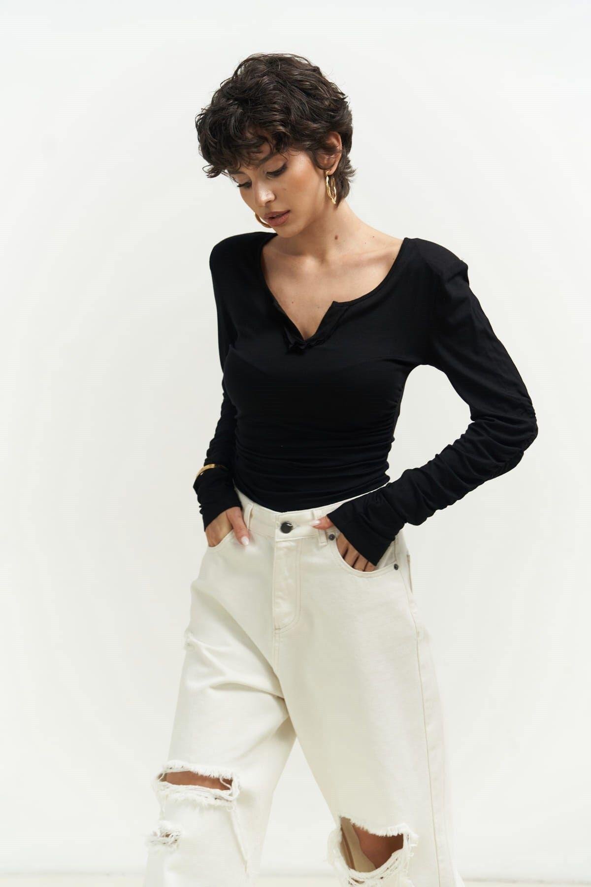 Magenta Padded Long Sleeve Black Blouse