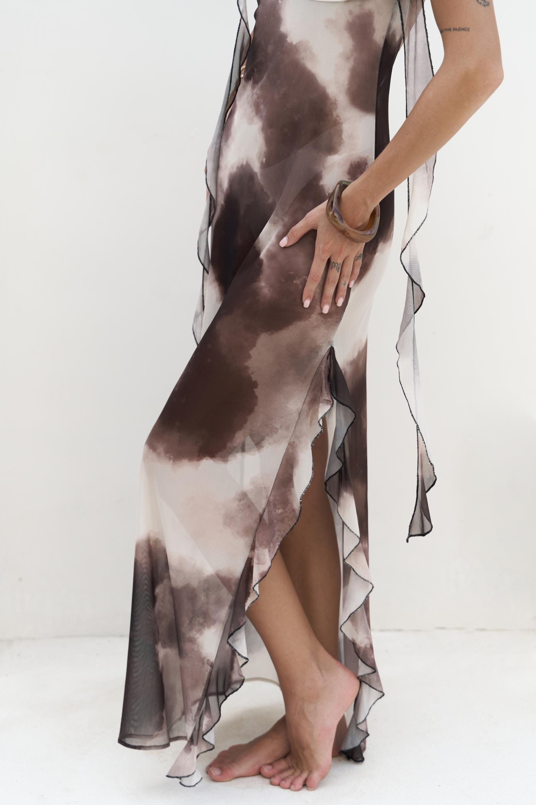 Magi Fırfır Detay Kahve Uzun Elbise