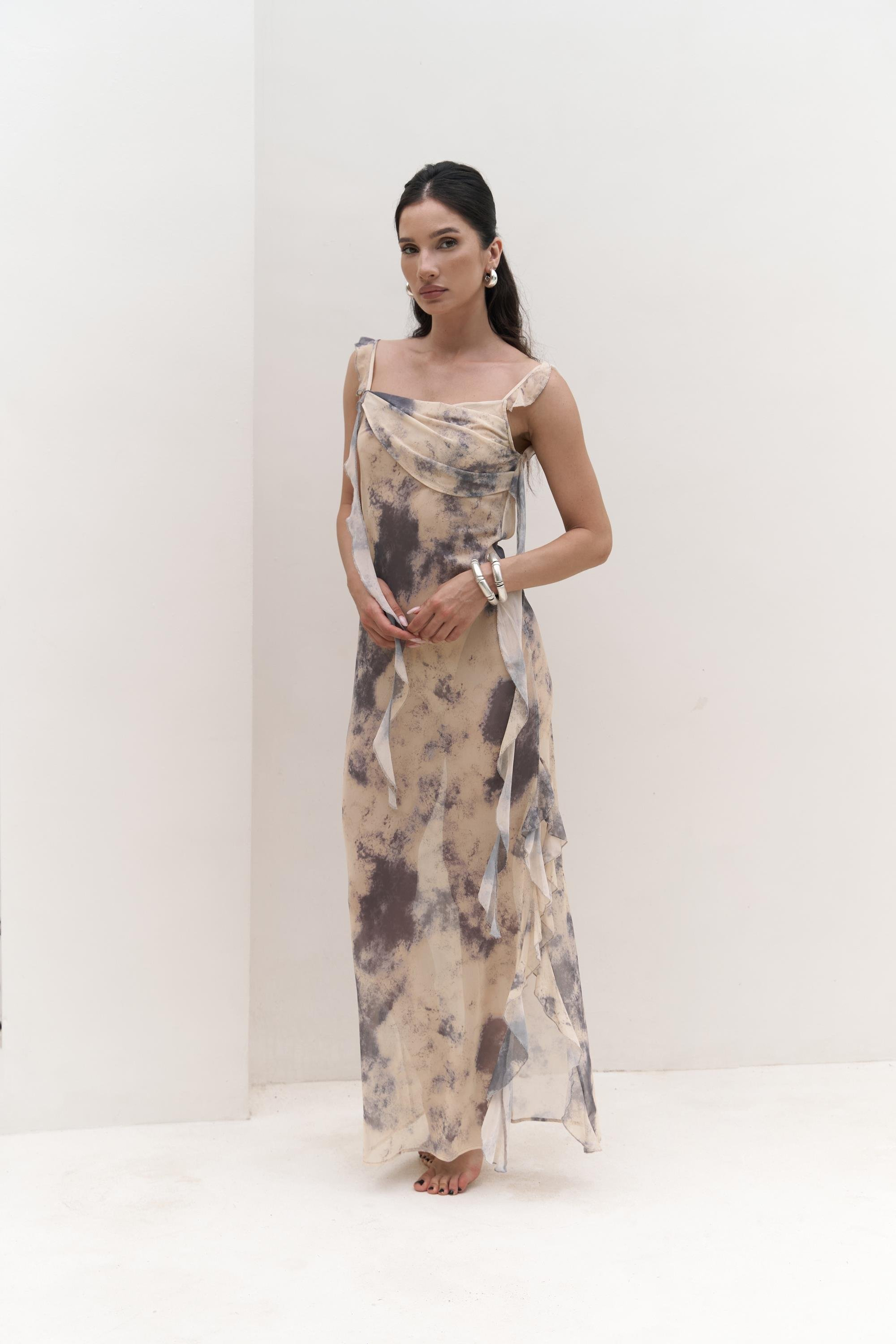 Magi Fırfır Detay Sarı Uzun Elbise