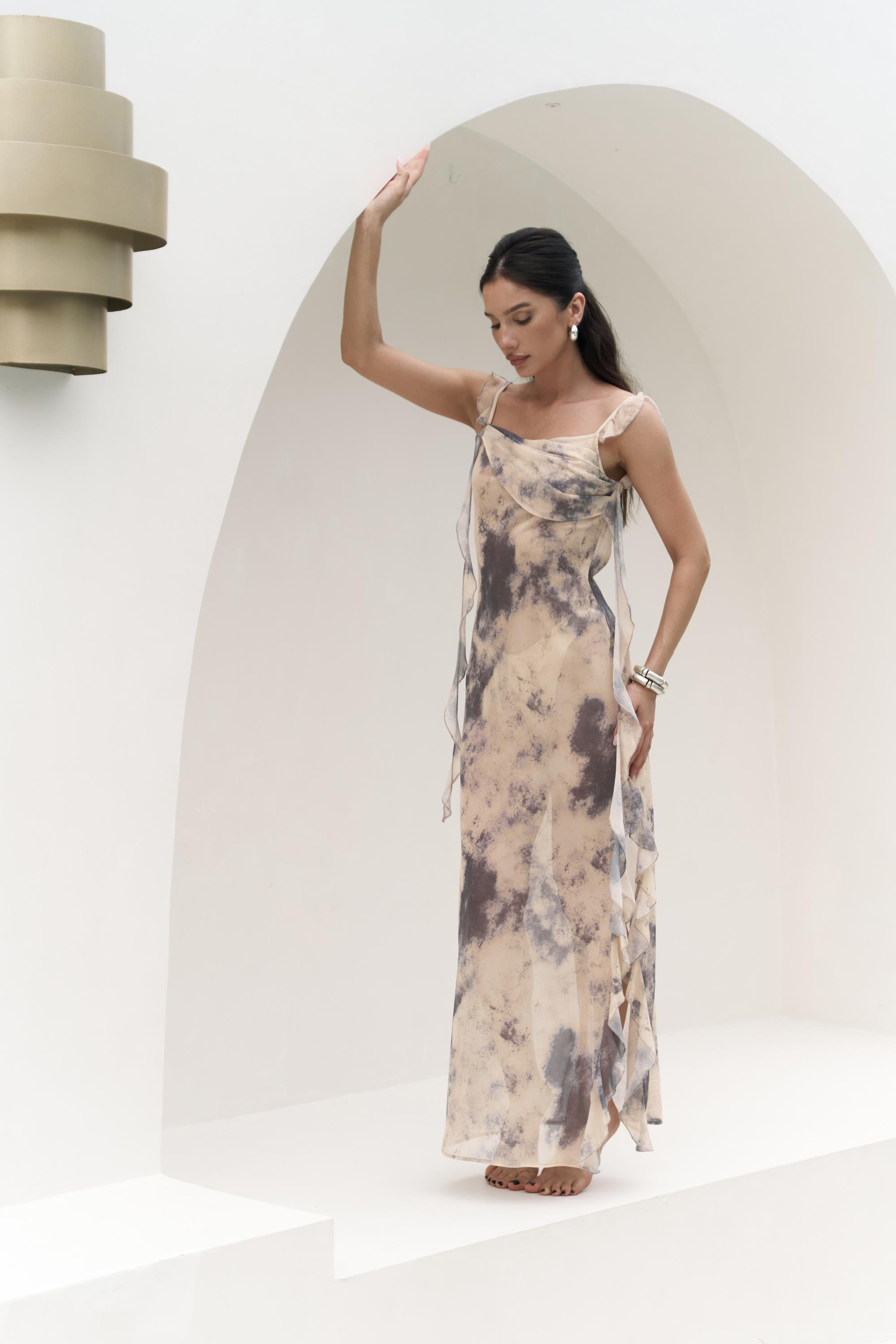 Magi Fırfır Detay Sarı Uzun Elbise