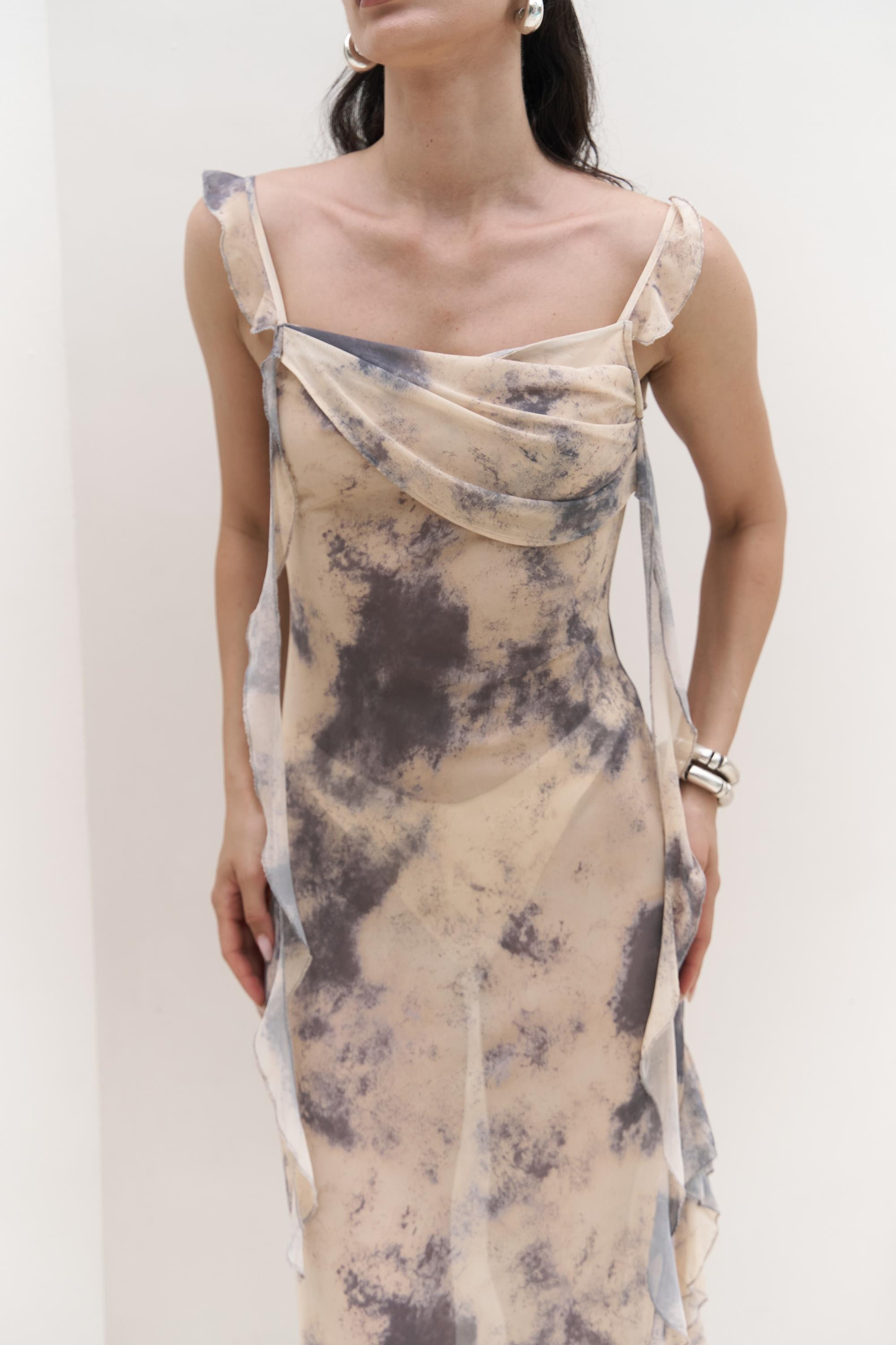 Magi Fırfır Detay Sarı Uzun Elbise