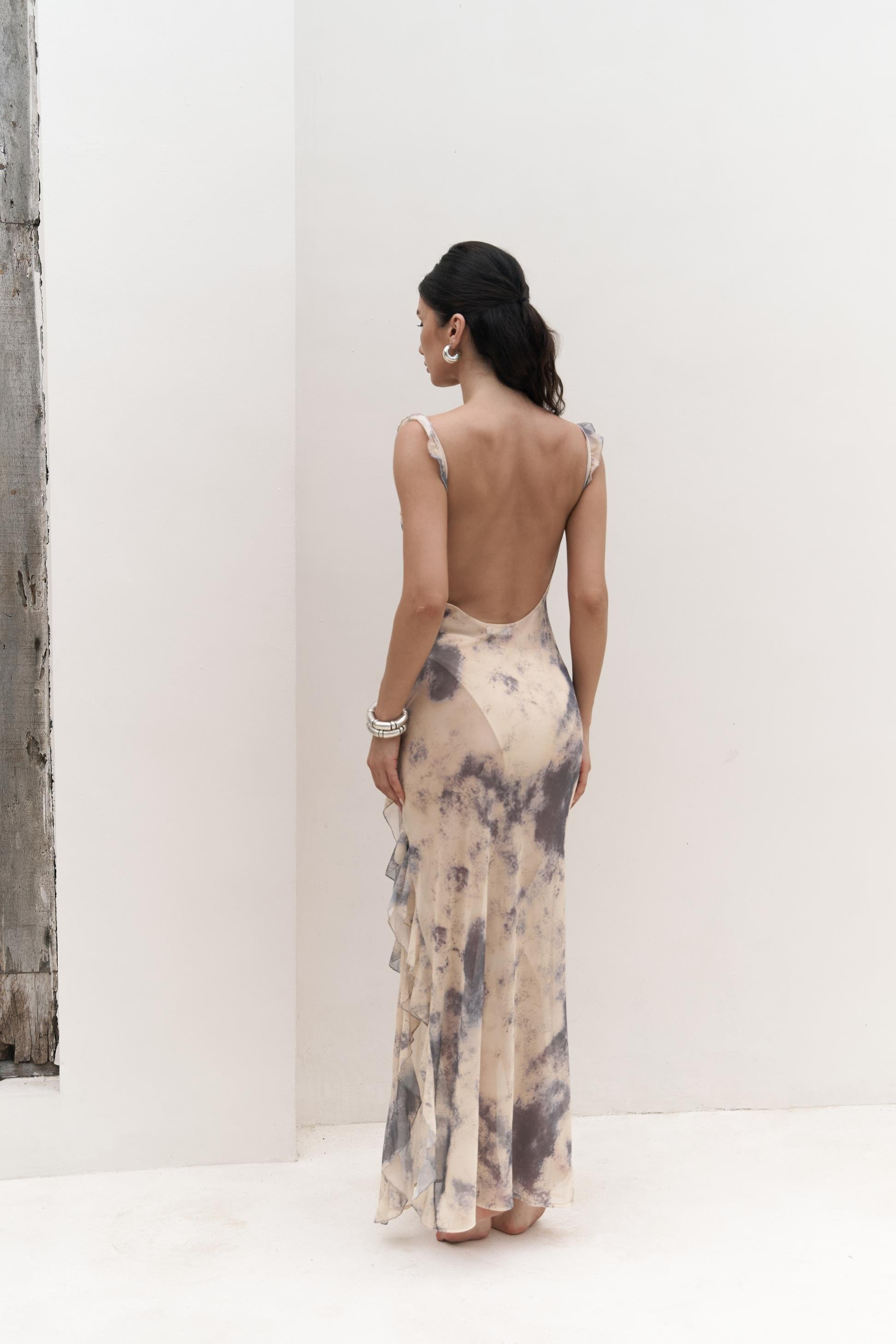 Magi Fırfır Detay Sarı Uzun Elbise