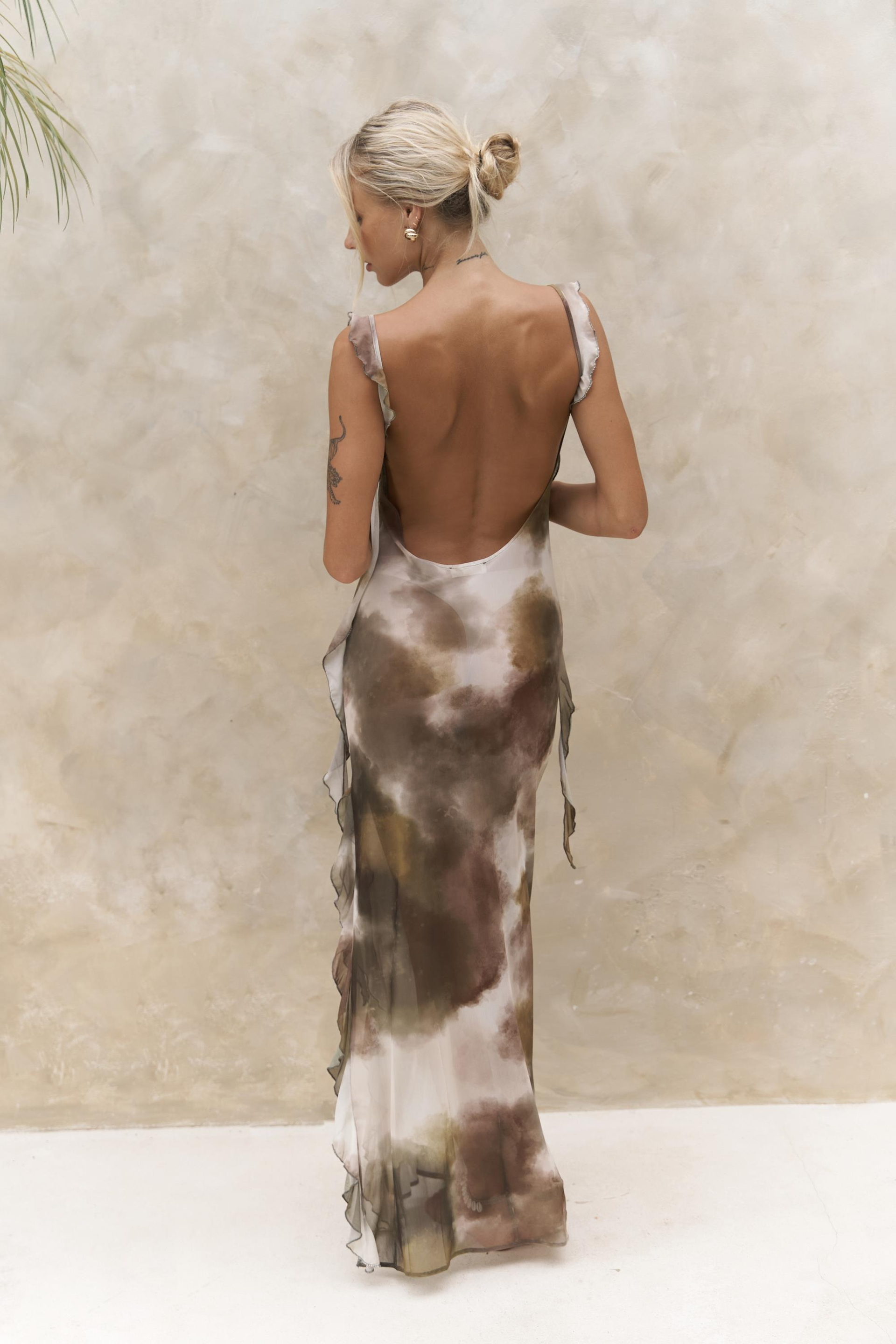 Magi Fırfır Detay Yeşil Uzun Elbise