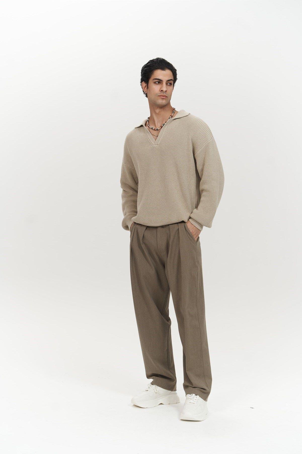 Magnus Men's Polo Neck Beige Knit Sweater