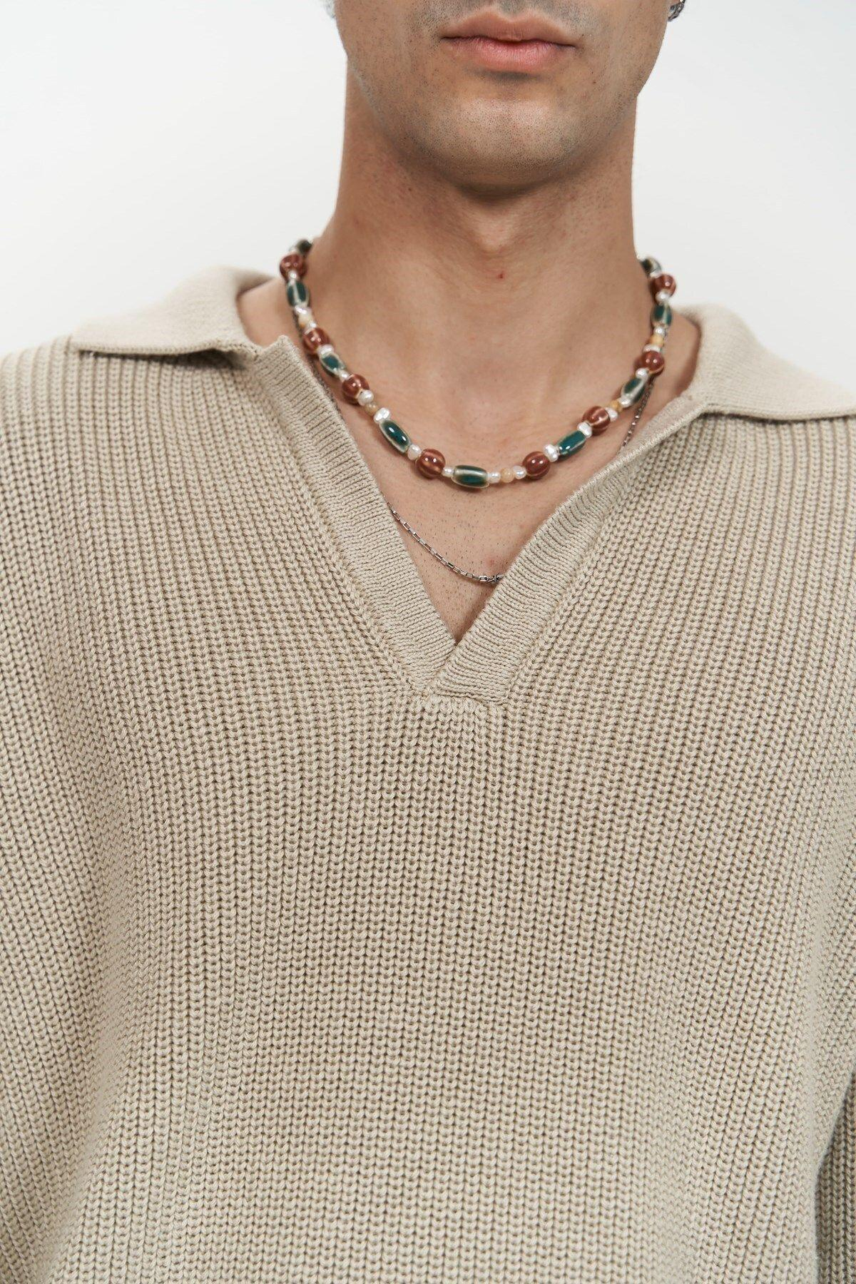 Magnus Men's Polo Neck Beige Knit Sweater