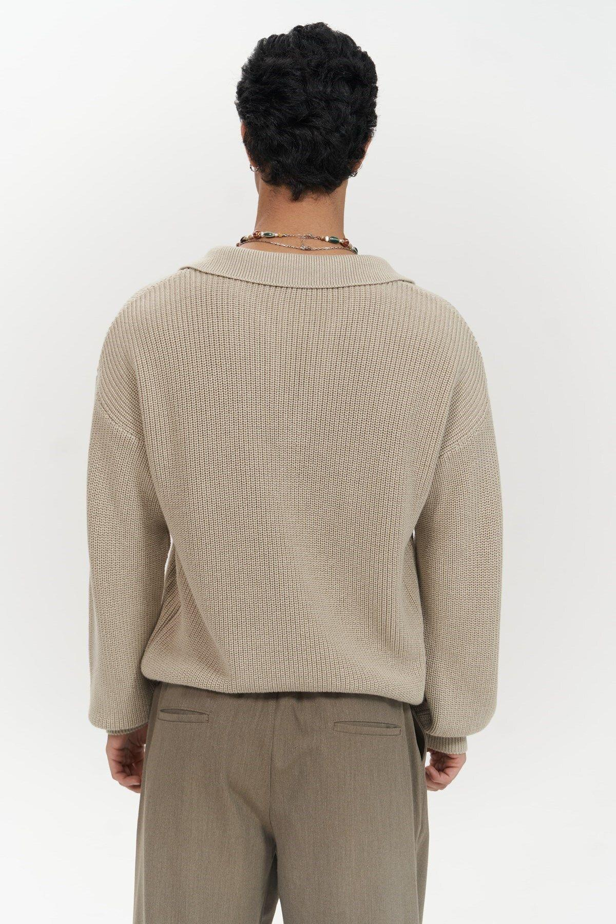 Magnus Men's Polo Neck Beige Knit Sweater