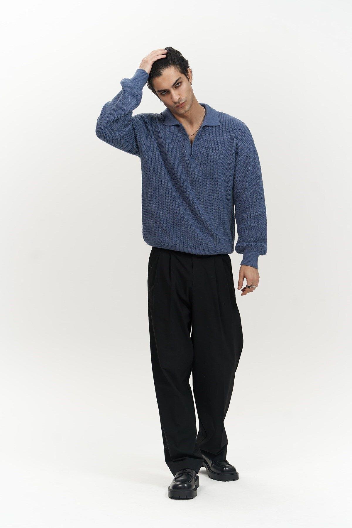 Magnus Men's Polo Neck Indigo Knit Sweater