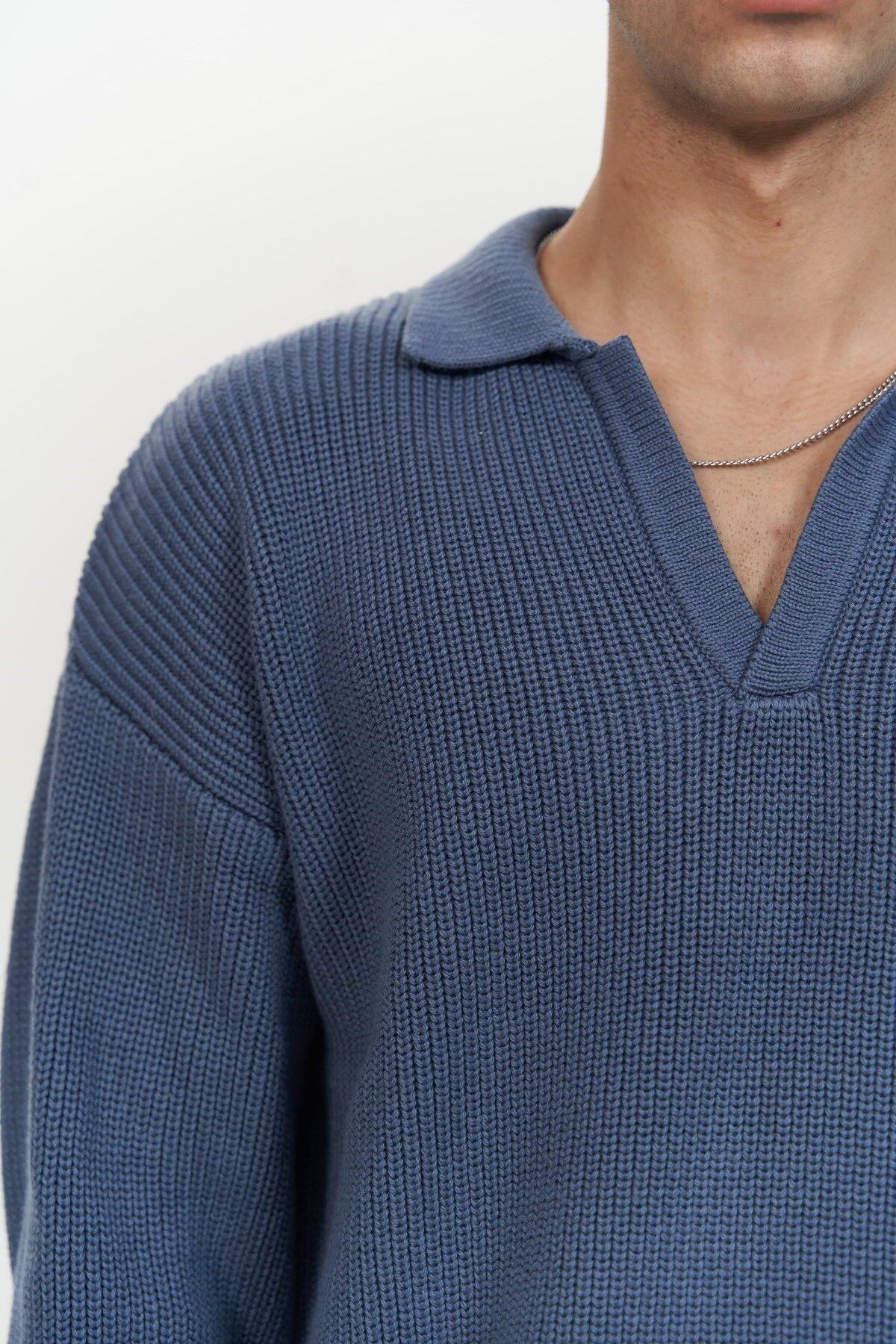 Magnus Men's Polo Neck Indigo Knit Sweater