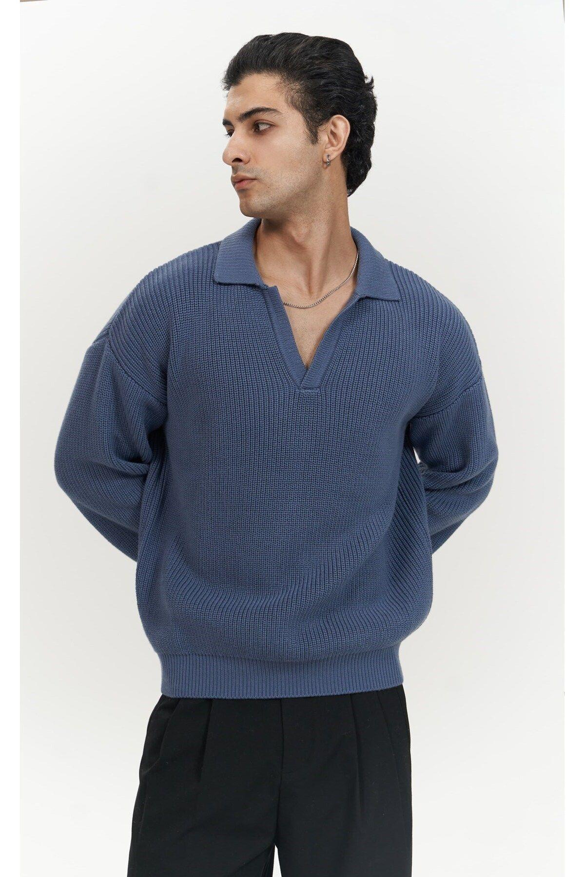 Magnus Men's Polo Neck Indigo Knit Sweater