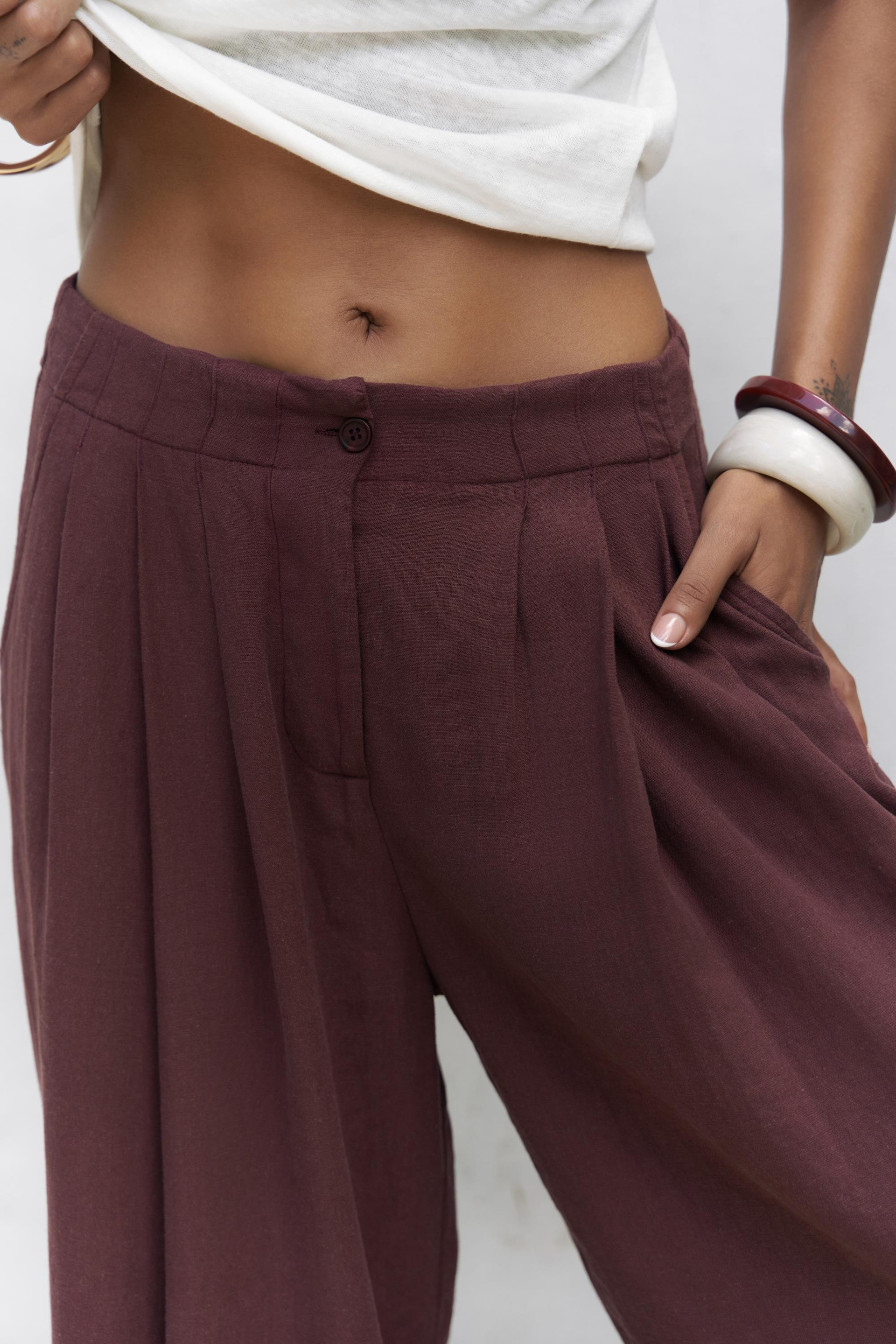 Mahoney Bordo Keten Palazzo Pantolon