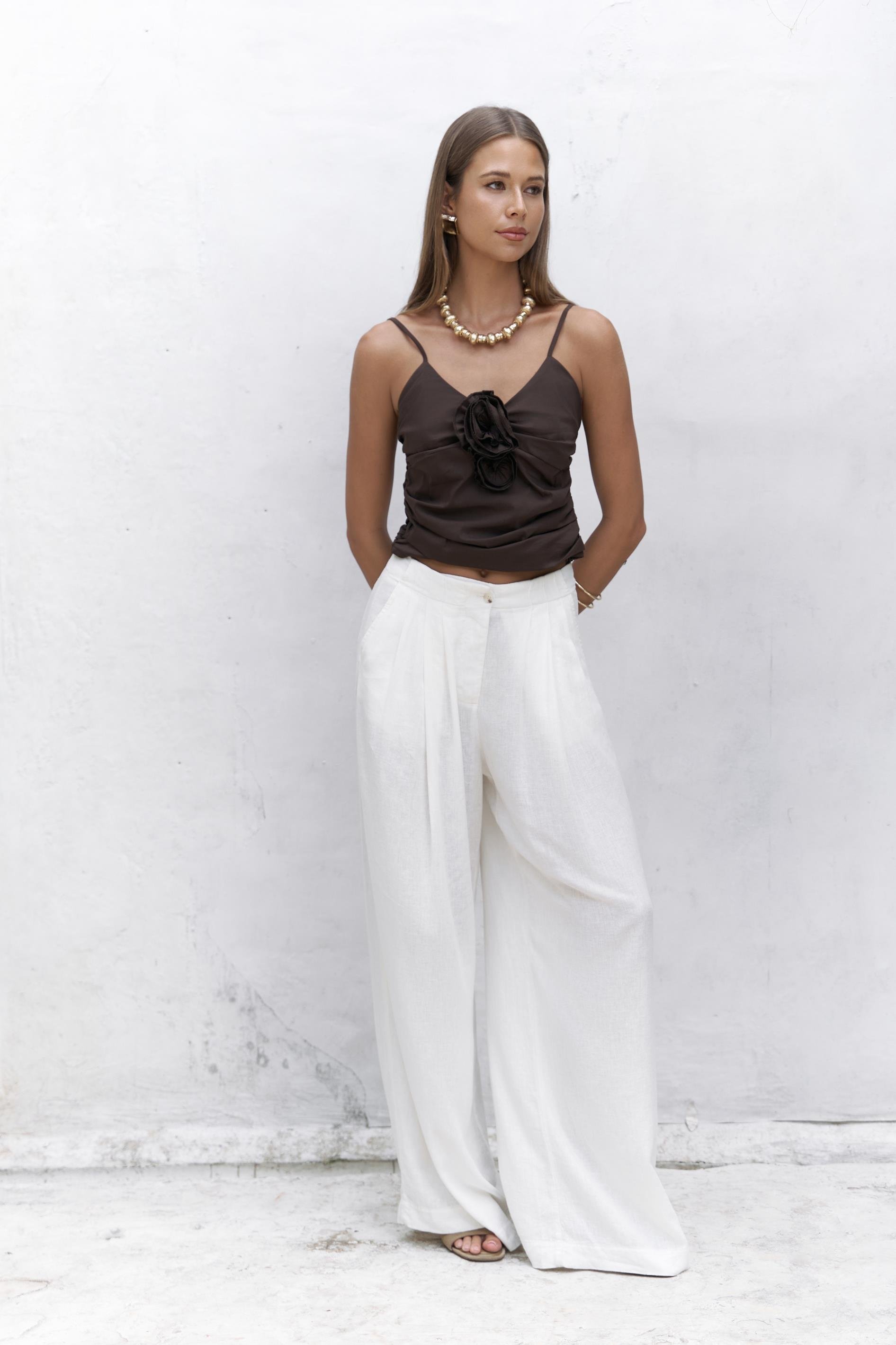 Mahoney Ekru Keten Palazzo Pantolon